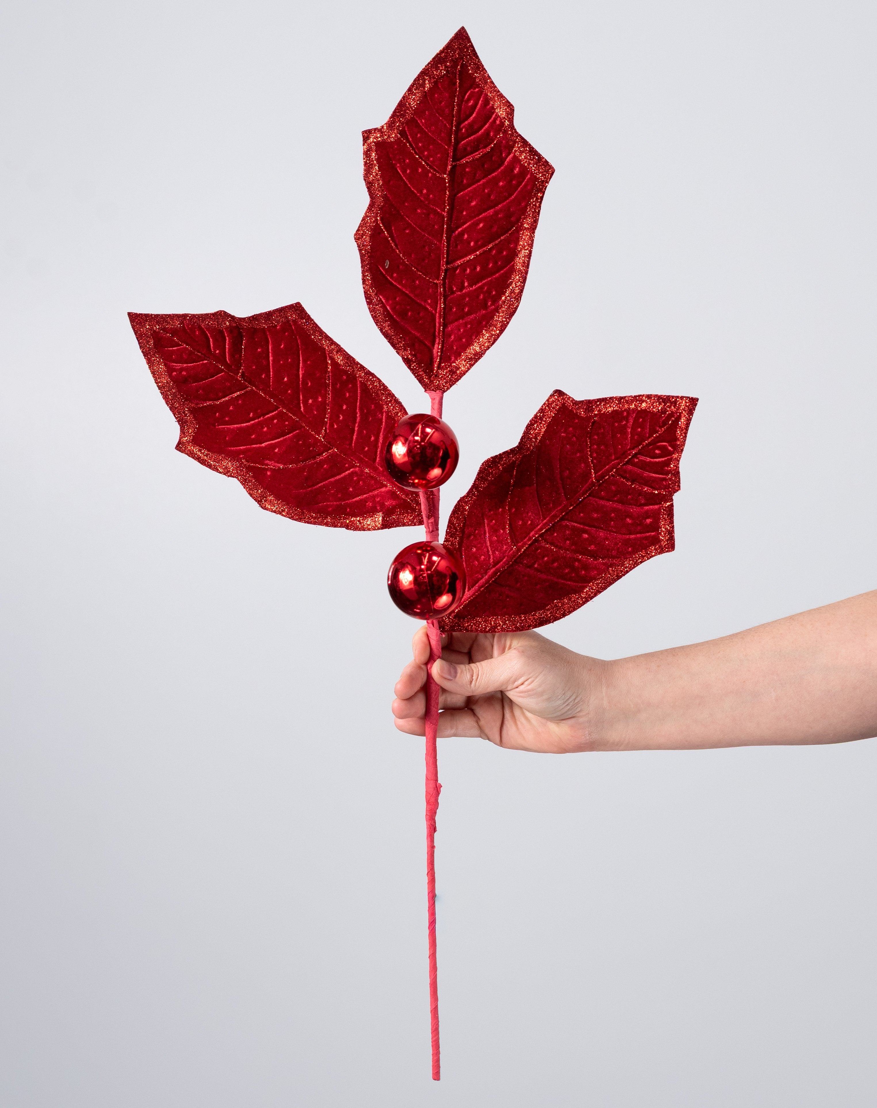 27" Velvet Holly Leaves Spray: Red detail photo 3