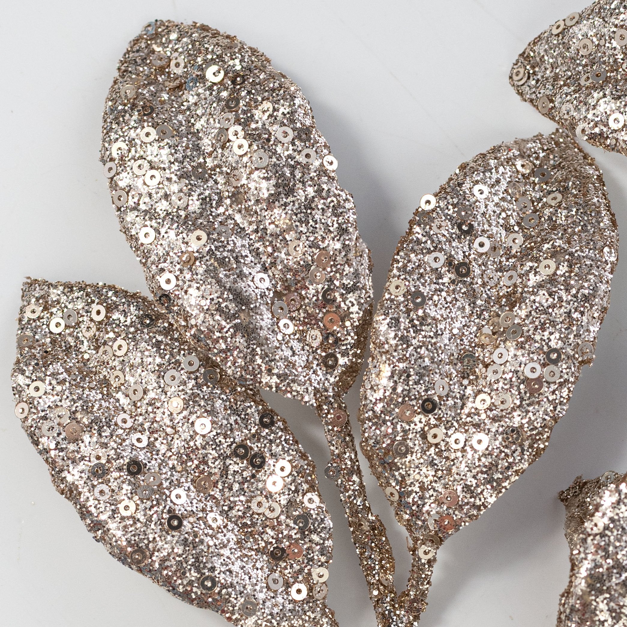 28" Sequin Glitter Privet Leaves Spray: Champagne Gold Lifestyle Photo
