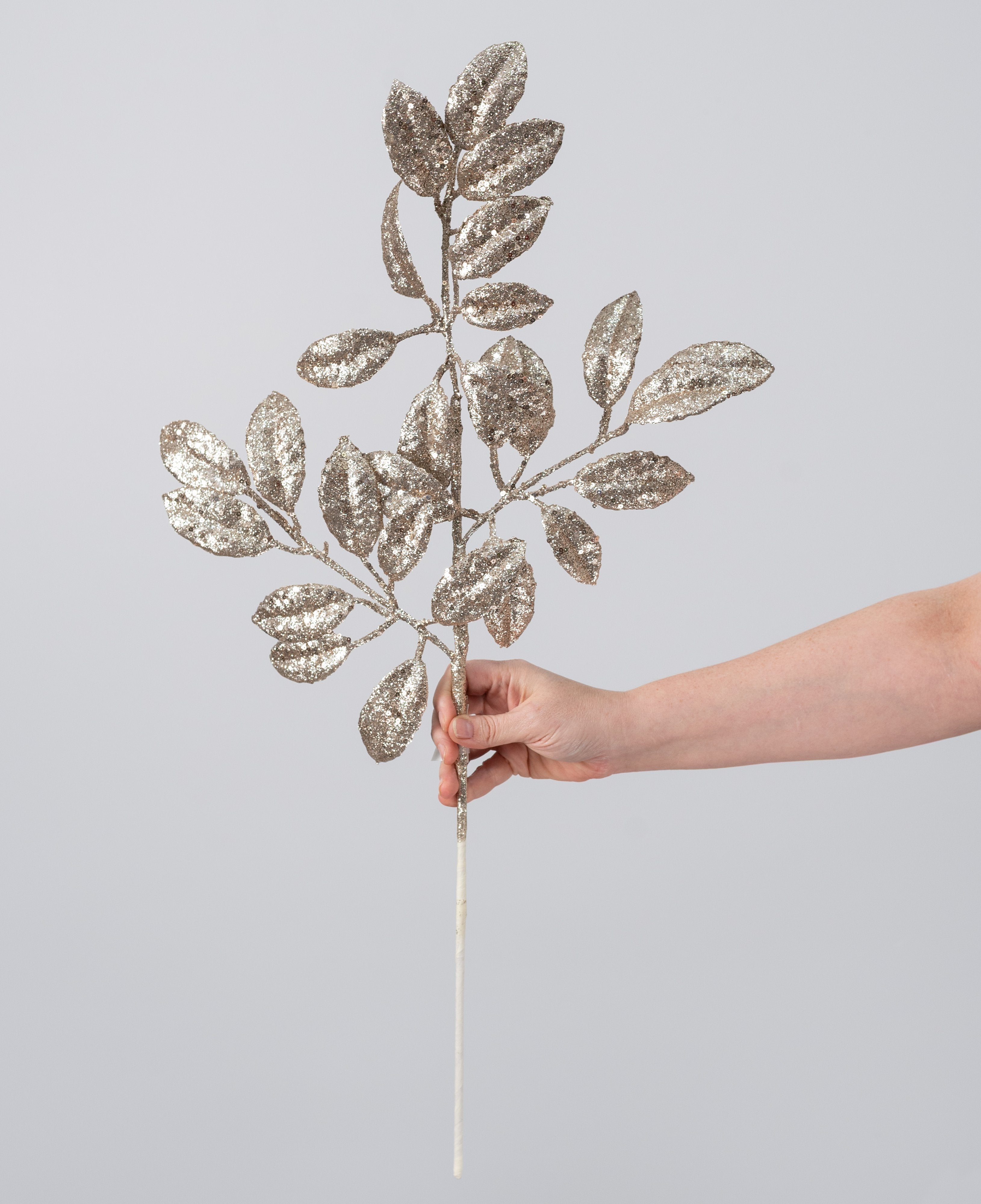 28" Sequin Glitter Privet Leaves Spray: Champagne Gold detail photo 3