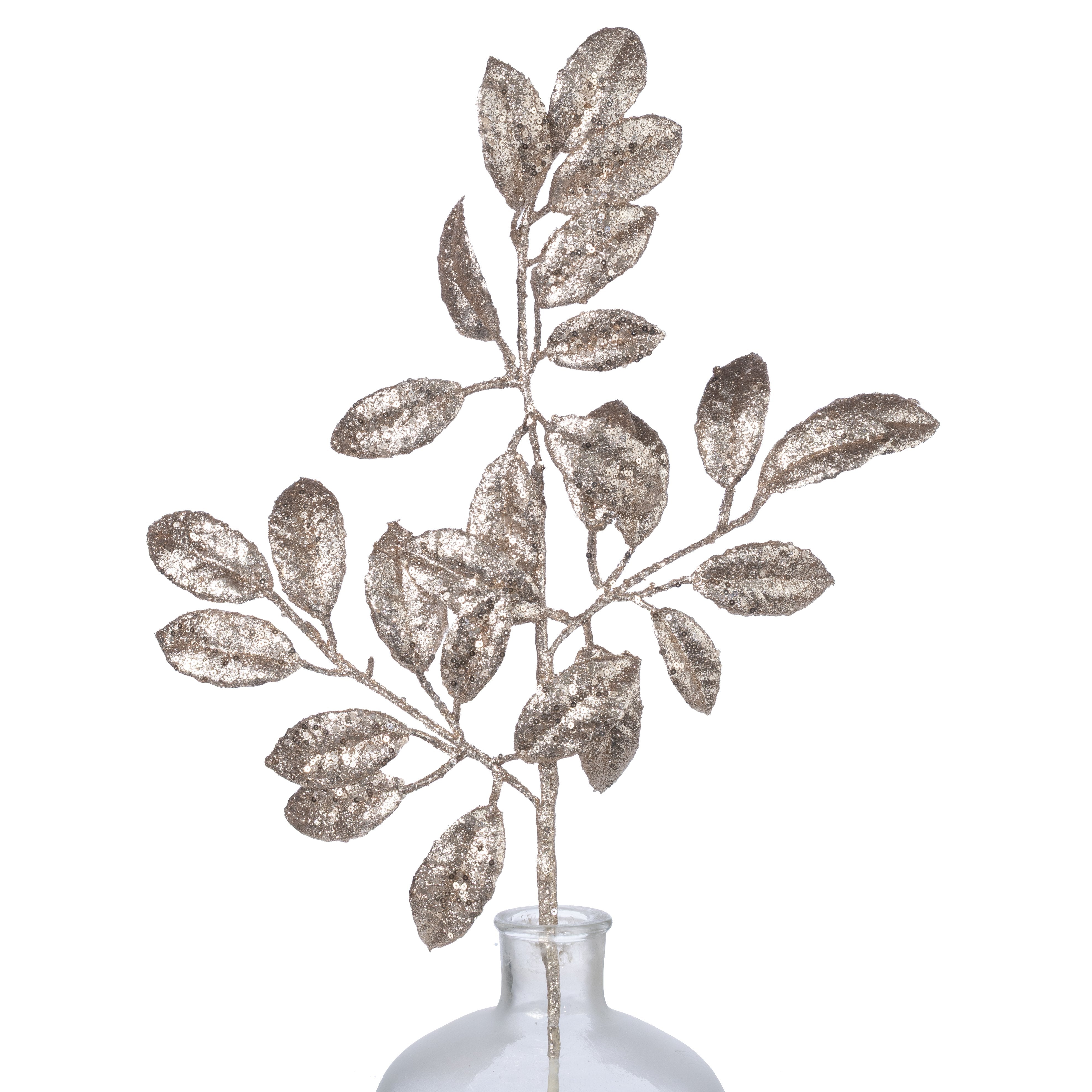 28" Sequin Glitter Privet Leaves Spray: Champagne Gold Item Number: ISB79600