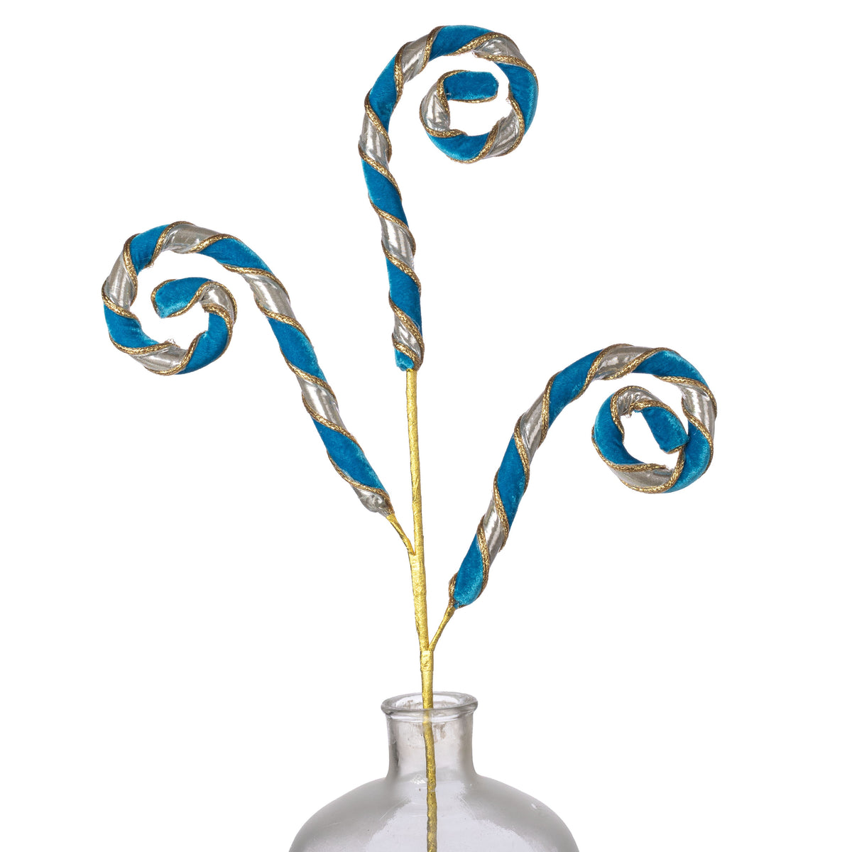 28" Velvet & Trim Spiral Curly Spray: Blue & Metallic Champagne Item Number: 86748BLCH