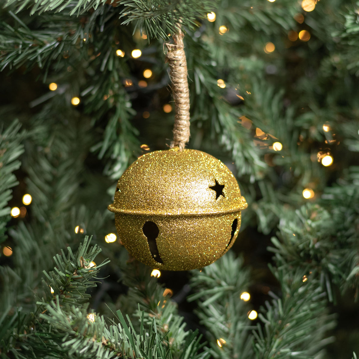 3.5" Glitter Jingle Bell Ornament: 18K Gold Lifestyle Photo