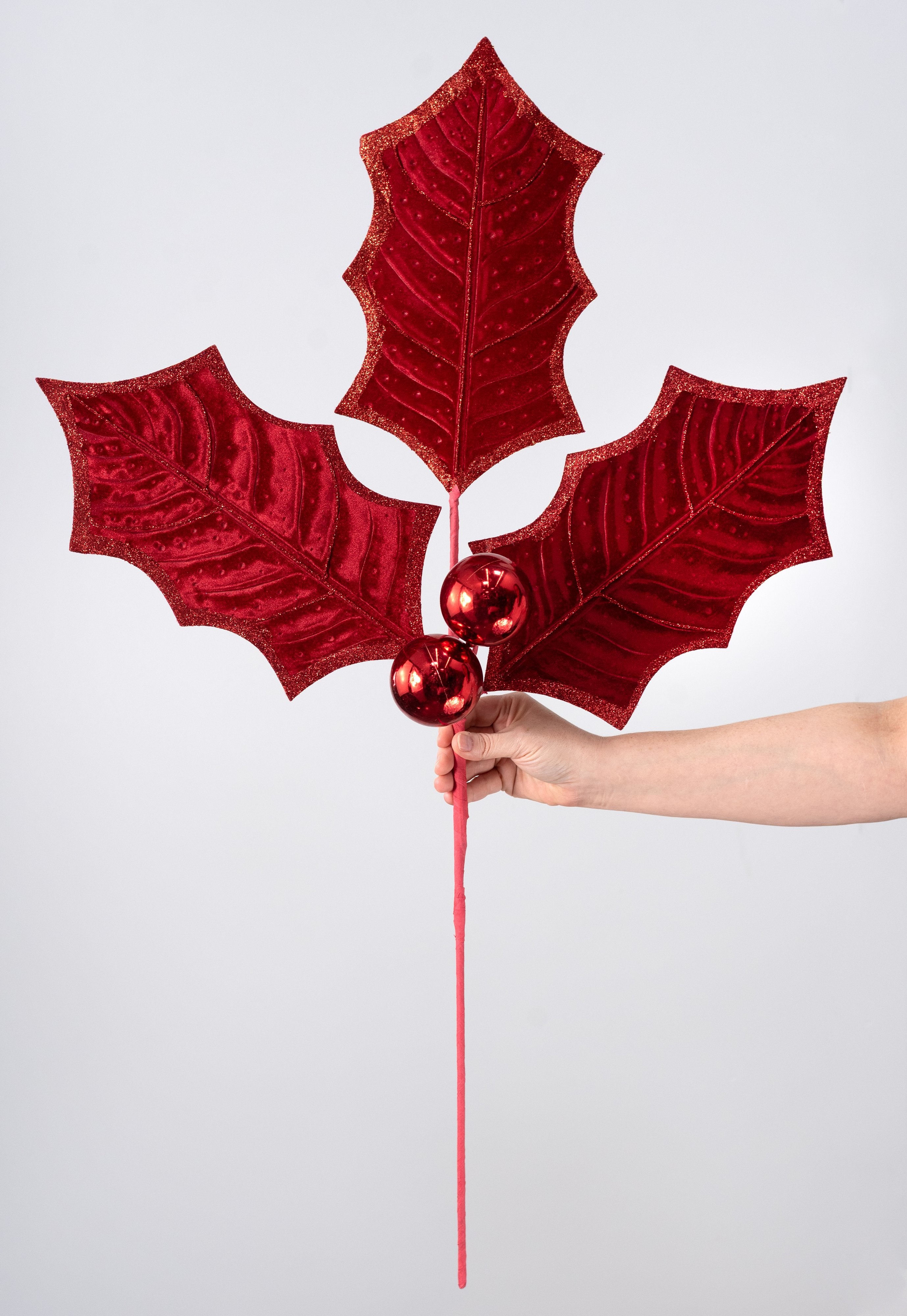 39" Jumbo Velvet Holly Leaves Spray: Red detail photo 4