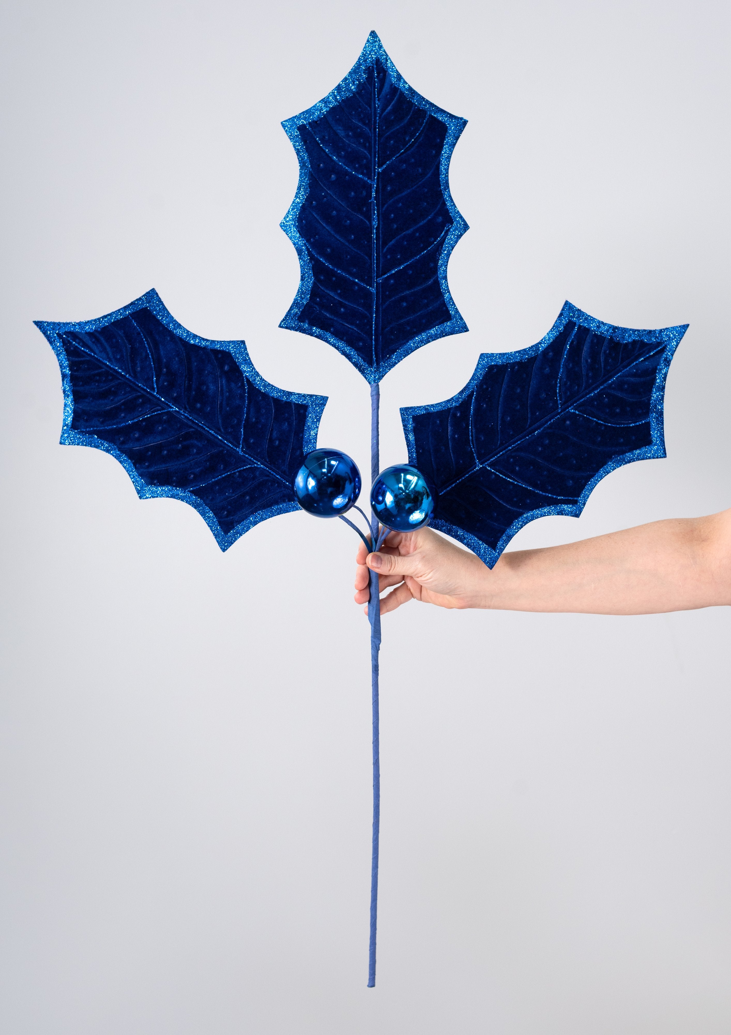 39" Jumbo Velvet Holly Leaves Spray: Royal Blue detail photo 4