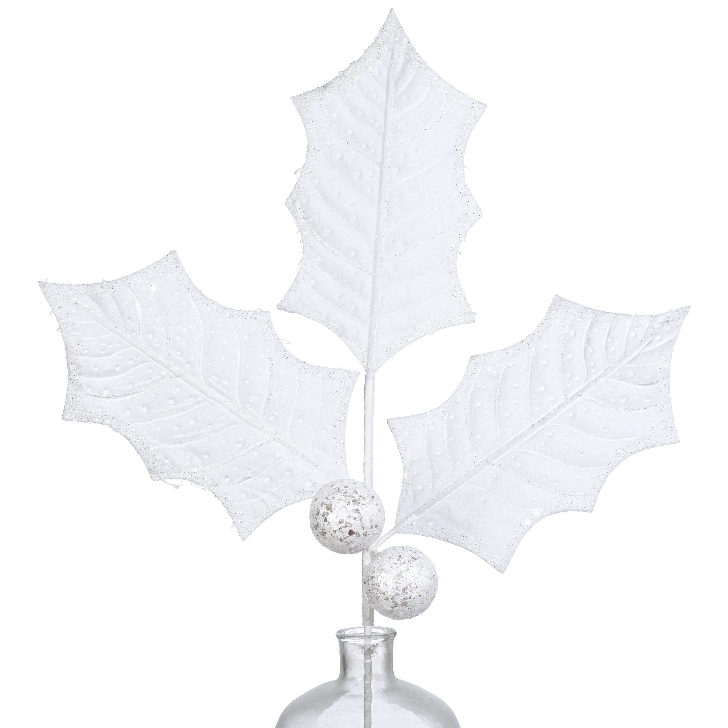 39" Jumbo Velvet Holly Leaves Spray: White Item Number: 86864WT