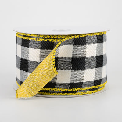2.5" Two Sided Buffalo Plaid & Linen Ribbon: Black, White, Yellow (10 Yards)