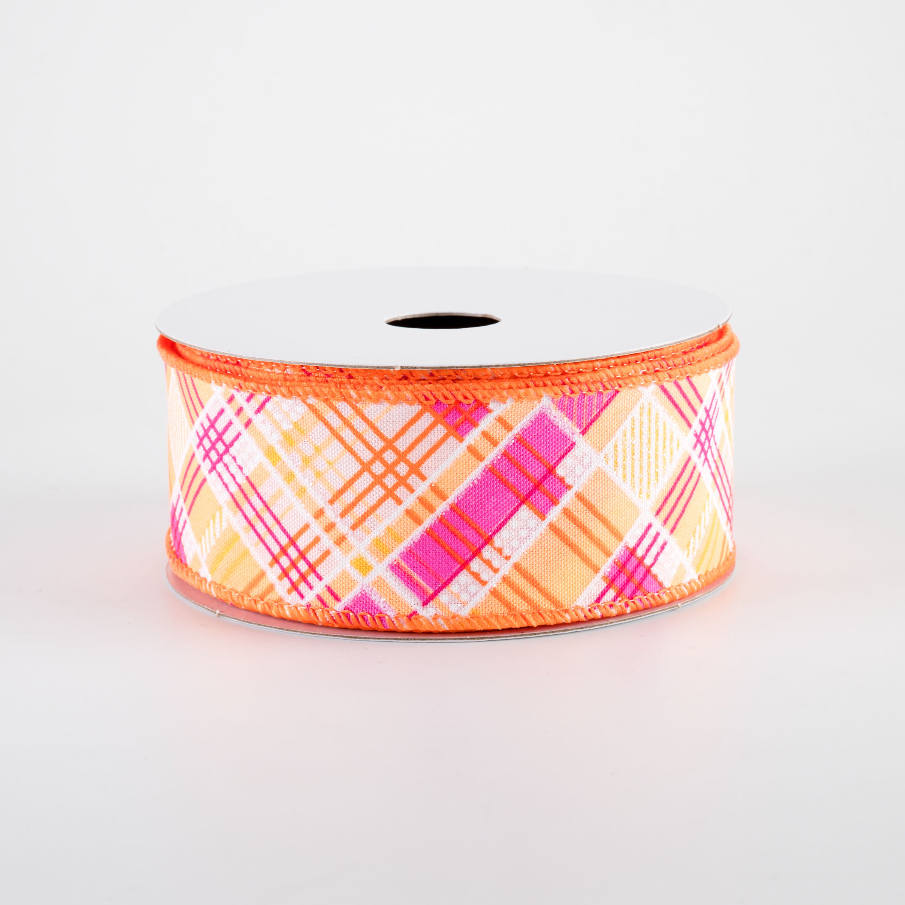 1.5" Printed Cabot Diagonal Plaid Ribbon: Neon Orange, Fuchsia & White (10 Yards)