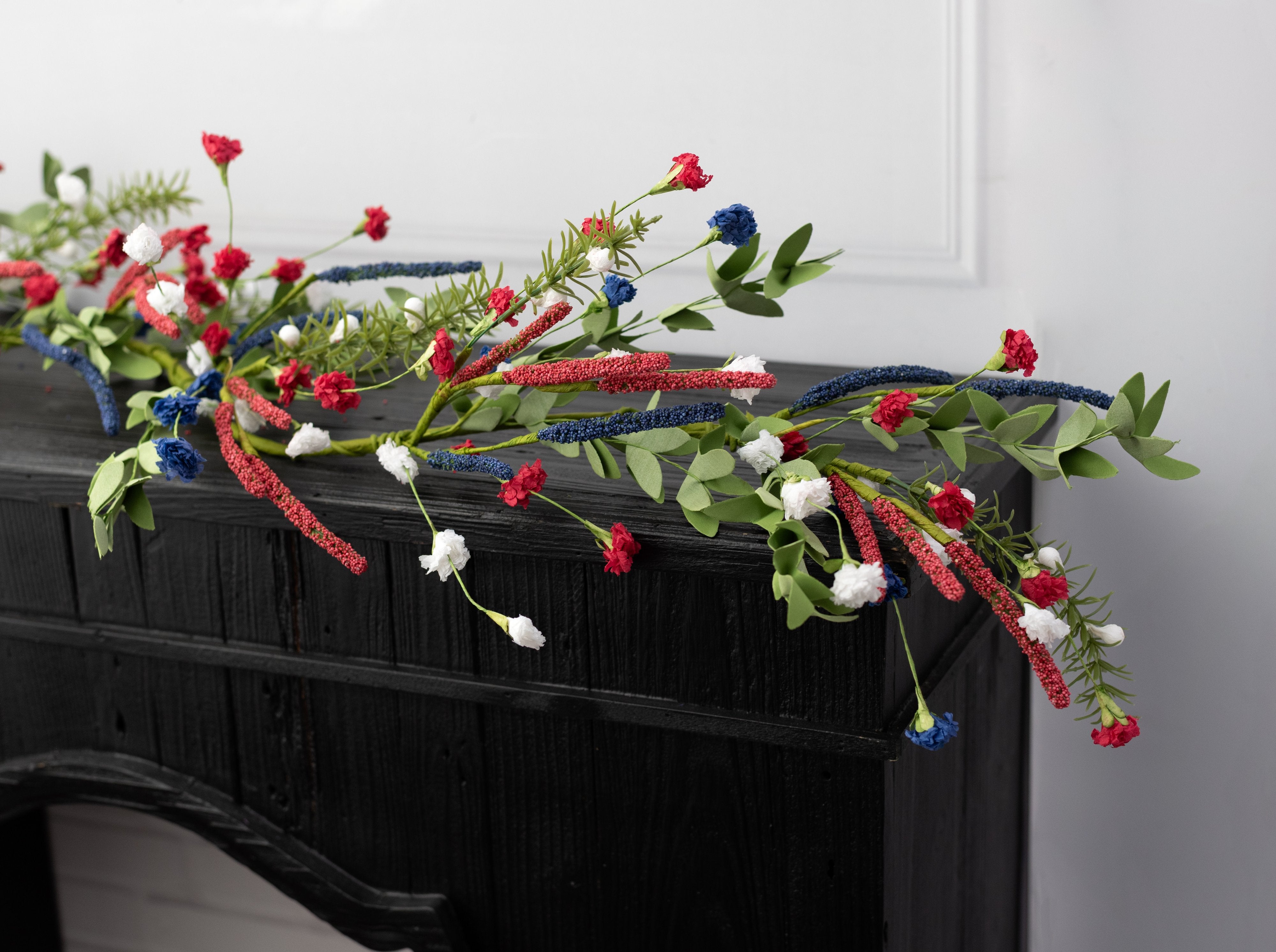 48" Paper Carnation Blossom with Heather Garland: Red, White & Blue Lifestyle Photo