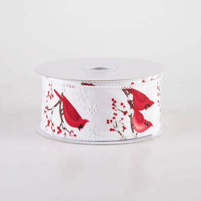 1.5" Cardinals, Snowflakes & Berries Ribbon: White (10 Yards)