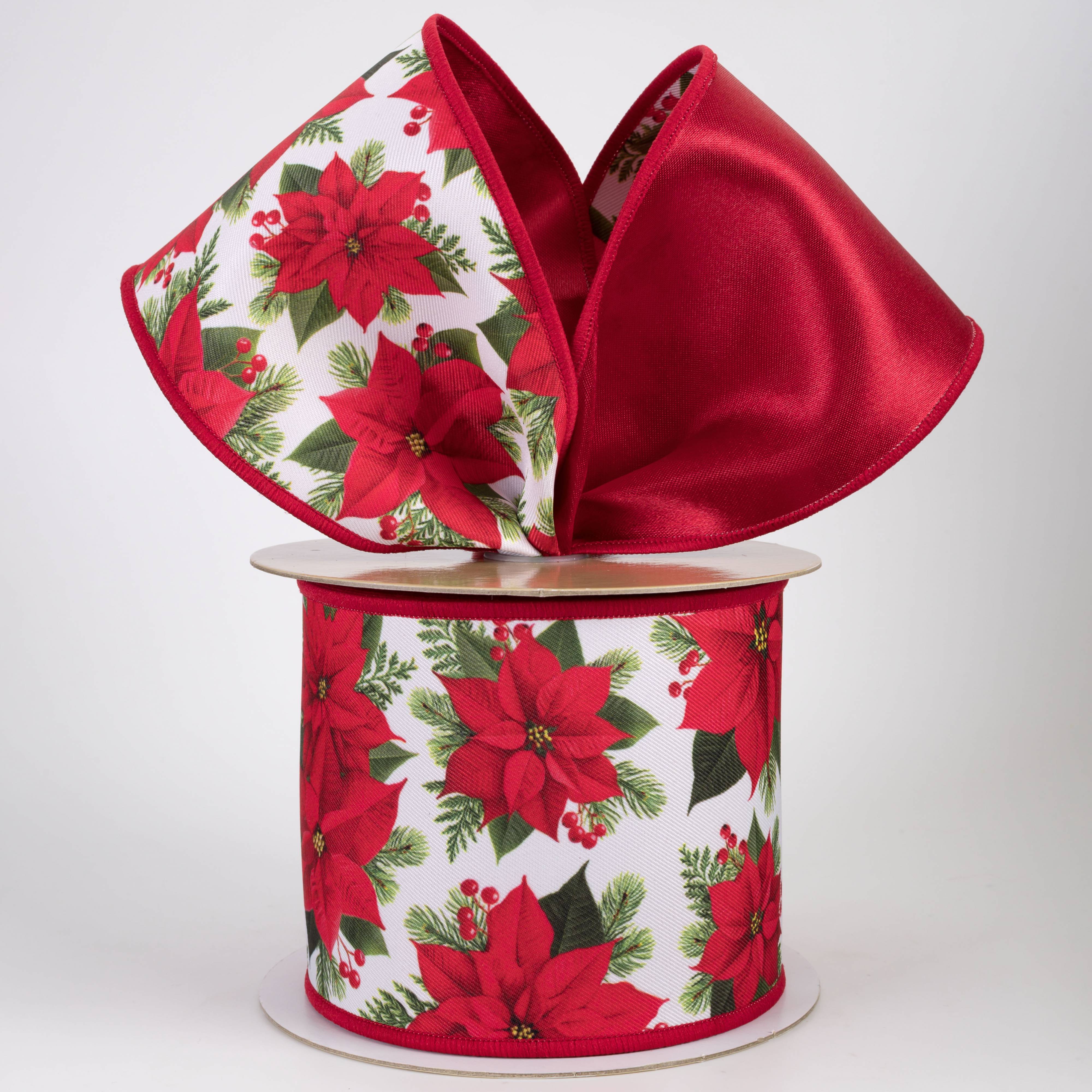 4" Double Sided Fused Red Poinsettia Ribbon (10 Yards)
