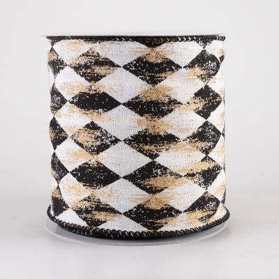 4" Canvas Harlequin Gold Painted Ribbon: Cream & Black (10 Yards)