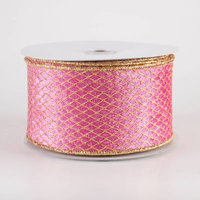 2.5" Gold Net Overlay Velvet Ribbon: Pink (10 Yards)