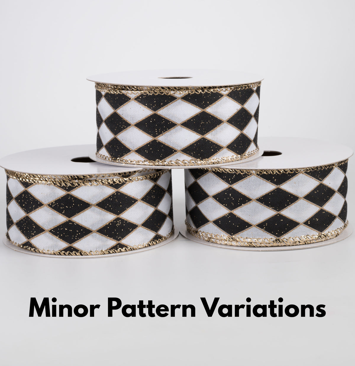 1.5" Glittered Satin Harlequin Ribbon: Black & Gold on White (10 Yards)