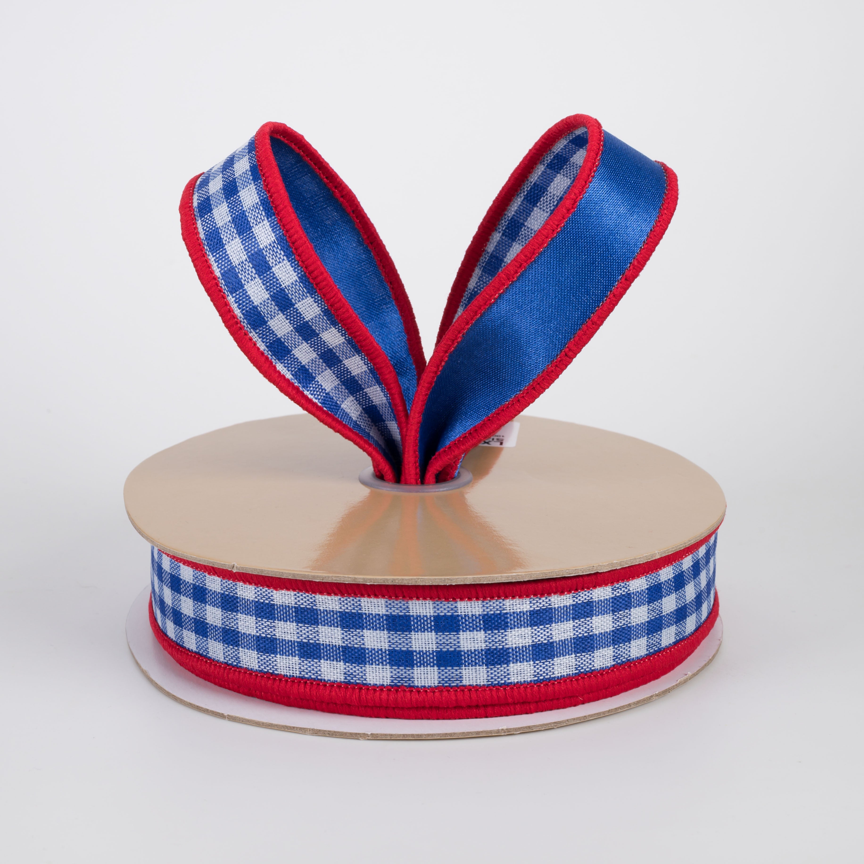 7/8" Double Sided Fused Check & Satin Ribbon: Blue, White & Red (10 Yards) Lifestyle Photo