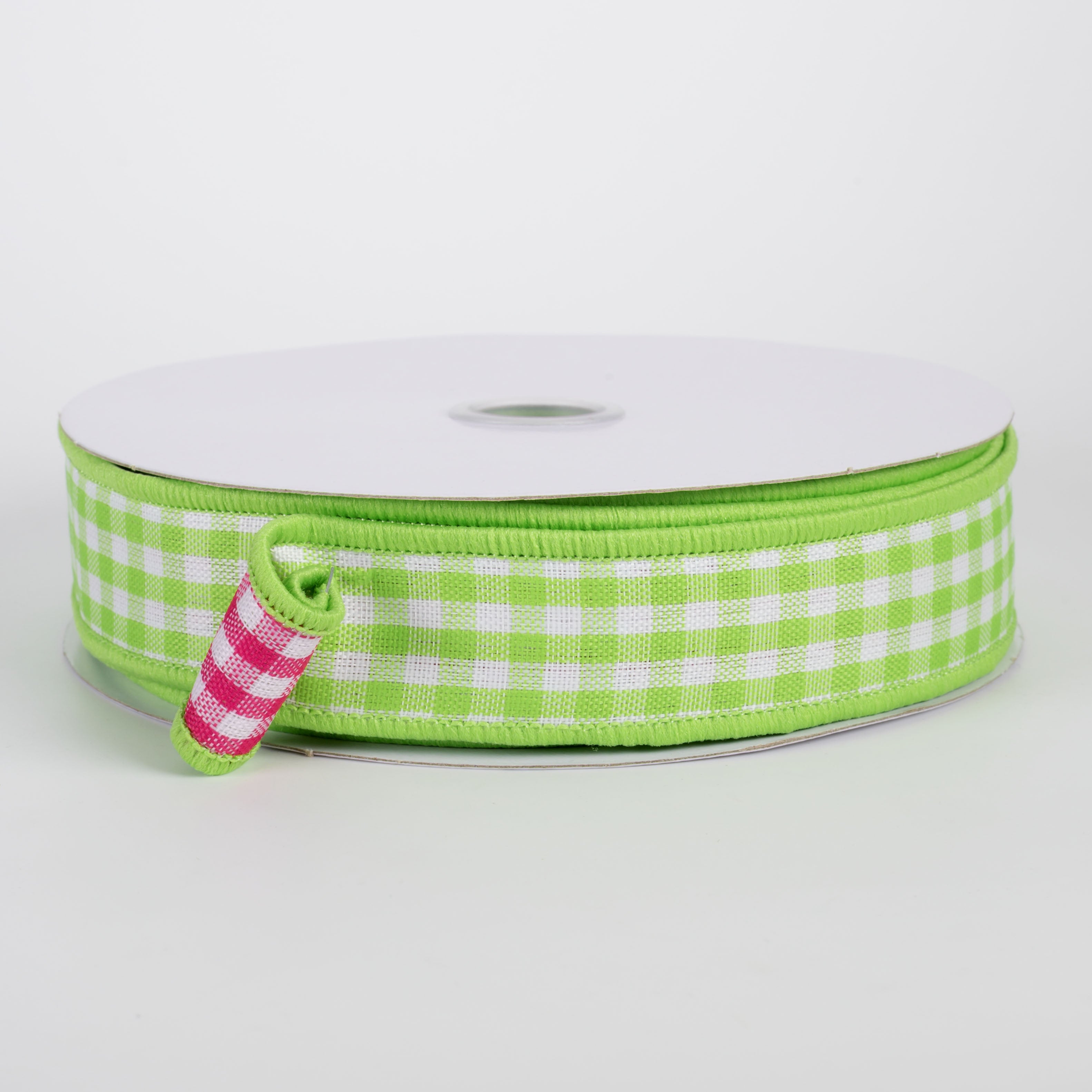 7/8" Double Sided Gingham Check Ribbon: Lime & Hot Pink (10 Yards) Item Number: RGV002933