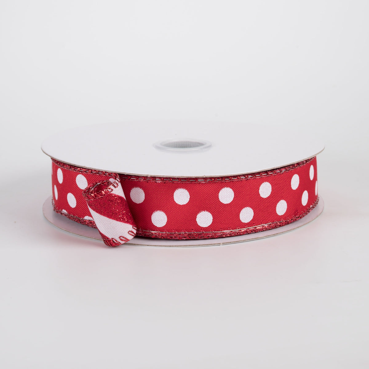 7/8" Double Sided Satin Dots & Glitter Candy Cane Stripes Ribbon: Red & White (10 Yards) Item Number: D73581-05-12