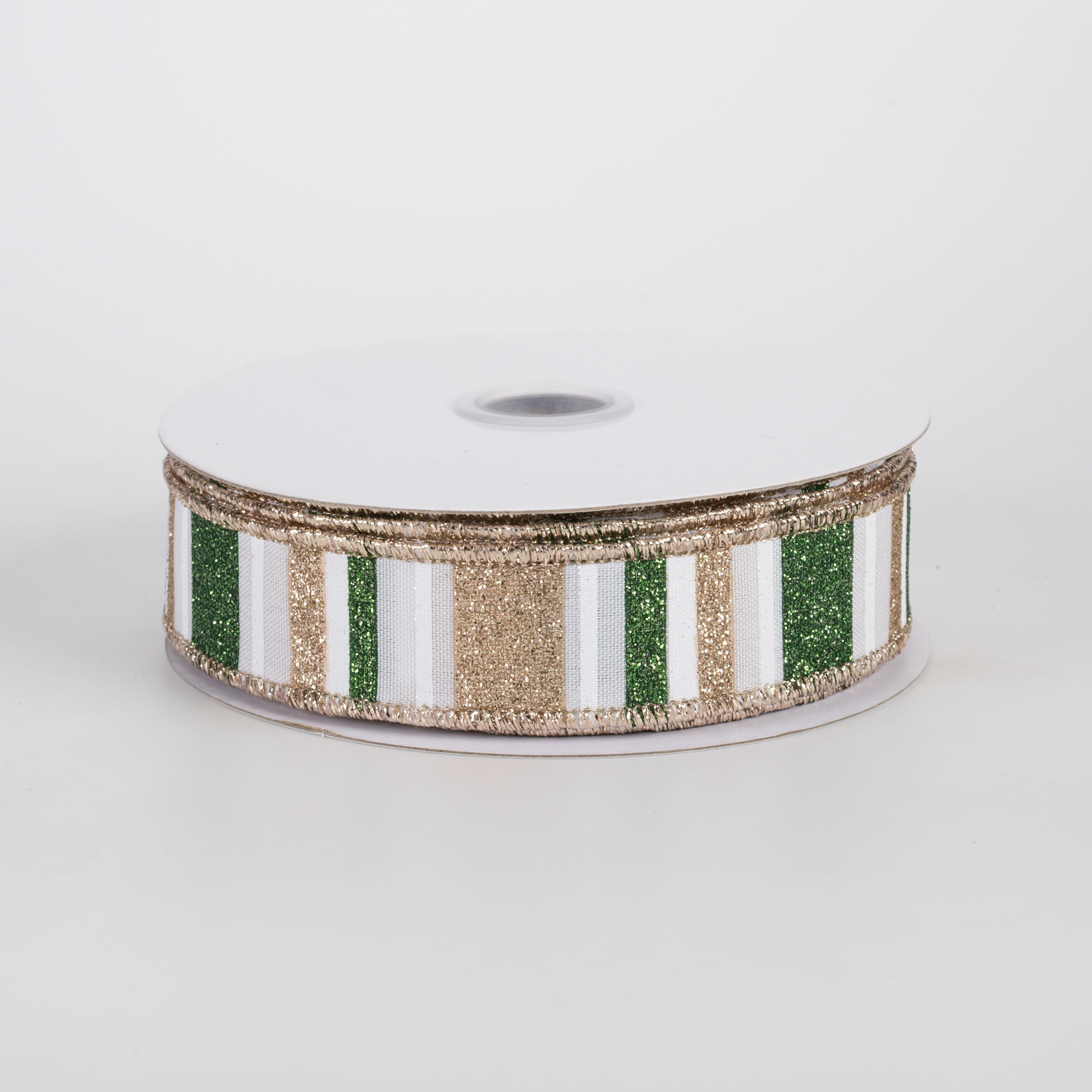 7/8" Multi Glitter Stripes Ribbon: Sage Green, Champagne Gold & White (10 Yards) Item Number: RGF7918KL