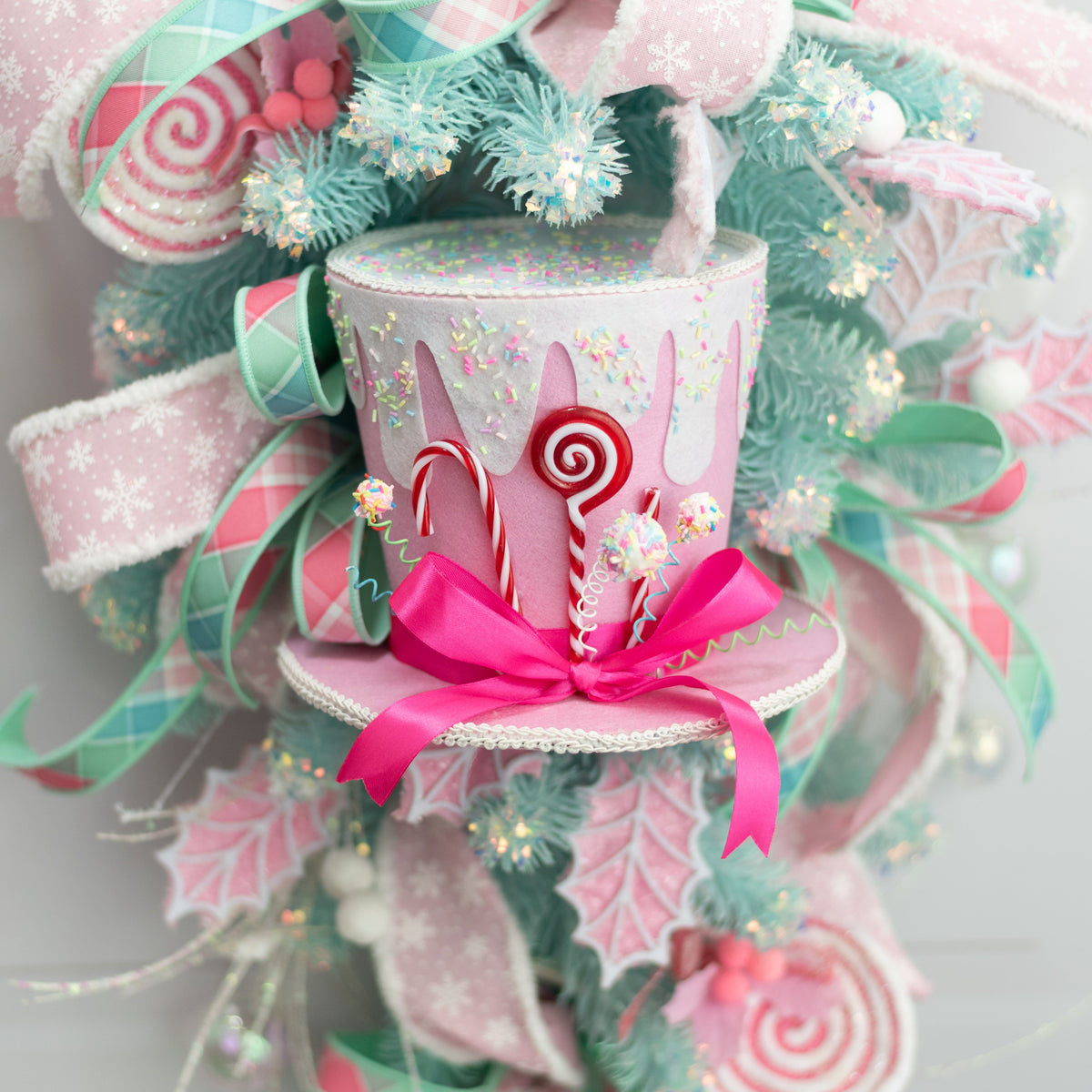 8.25" Velvet Frosted Candy Top Hat Decoration: Pink & White Lifestyle Photo