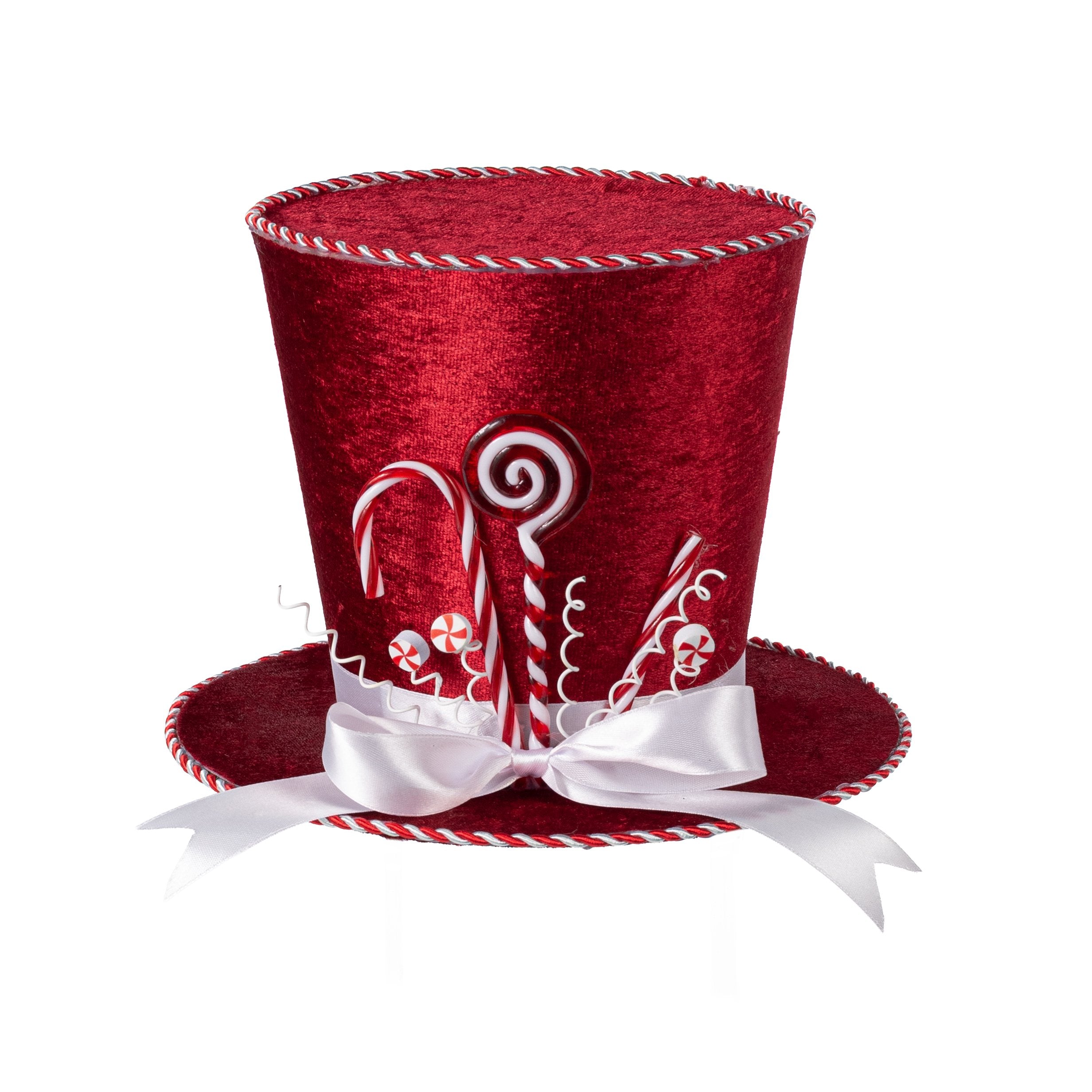 8.25" Velvet Peppermint Top Hat Decoration: Red & White Item Number: XC727262