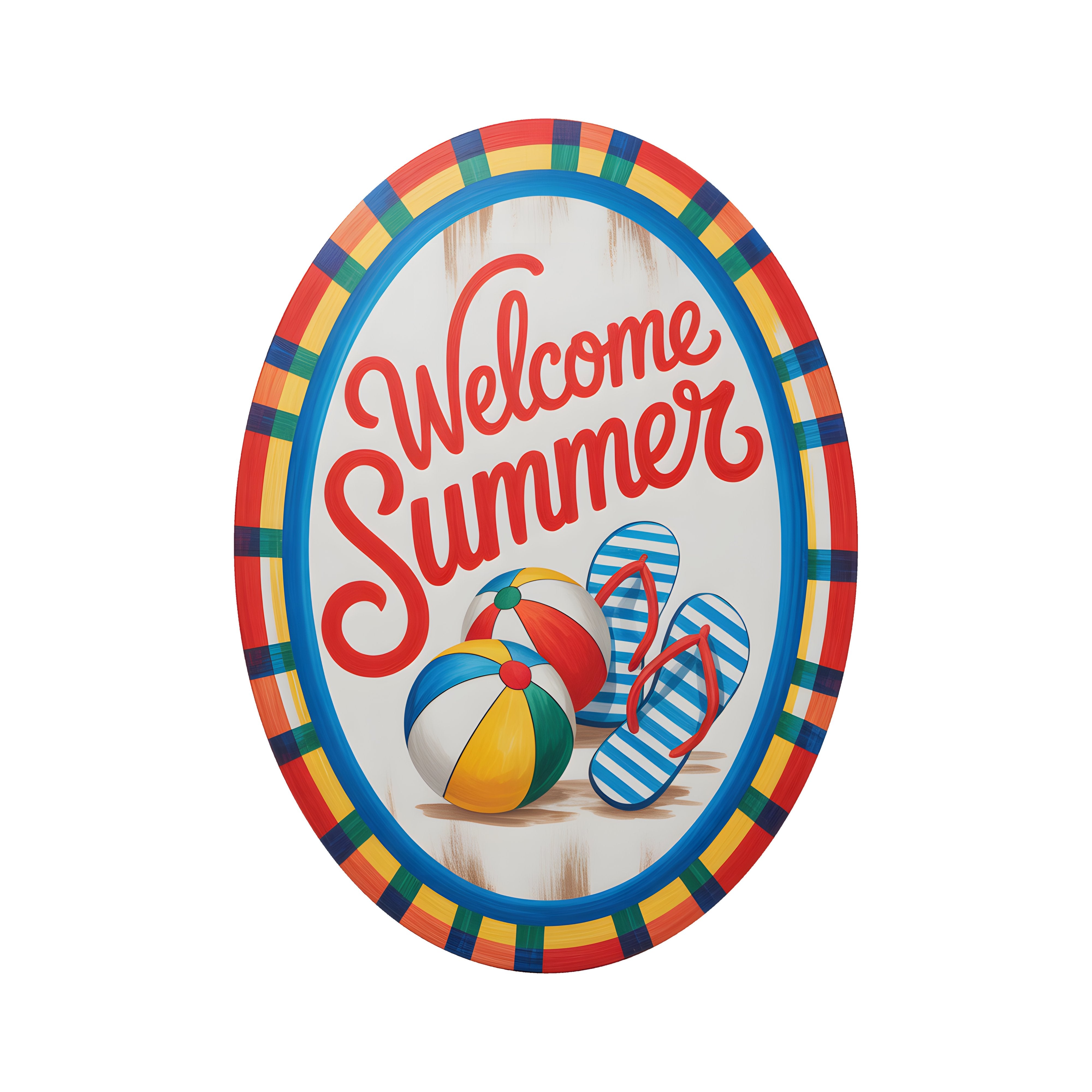 8.5" Oval Waterproof Sign: Welcome Summer Striped Flip Flops Item Number: CD1267NH-085