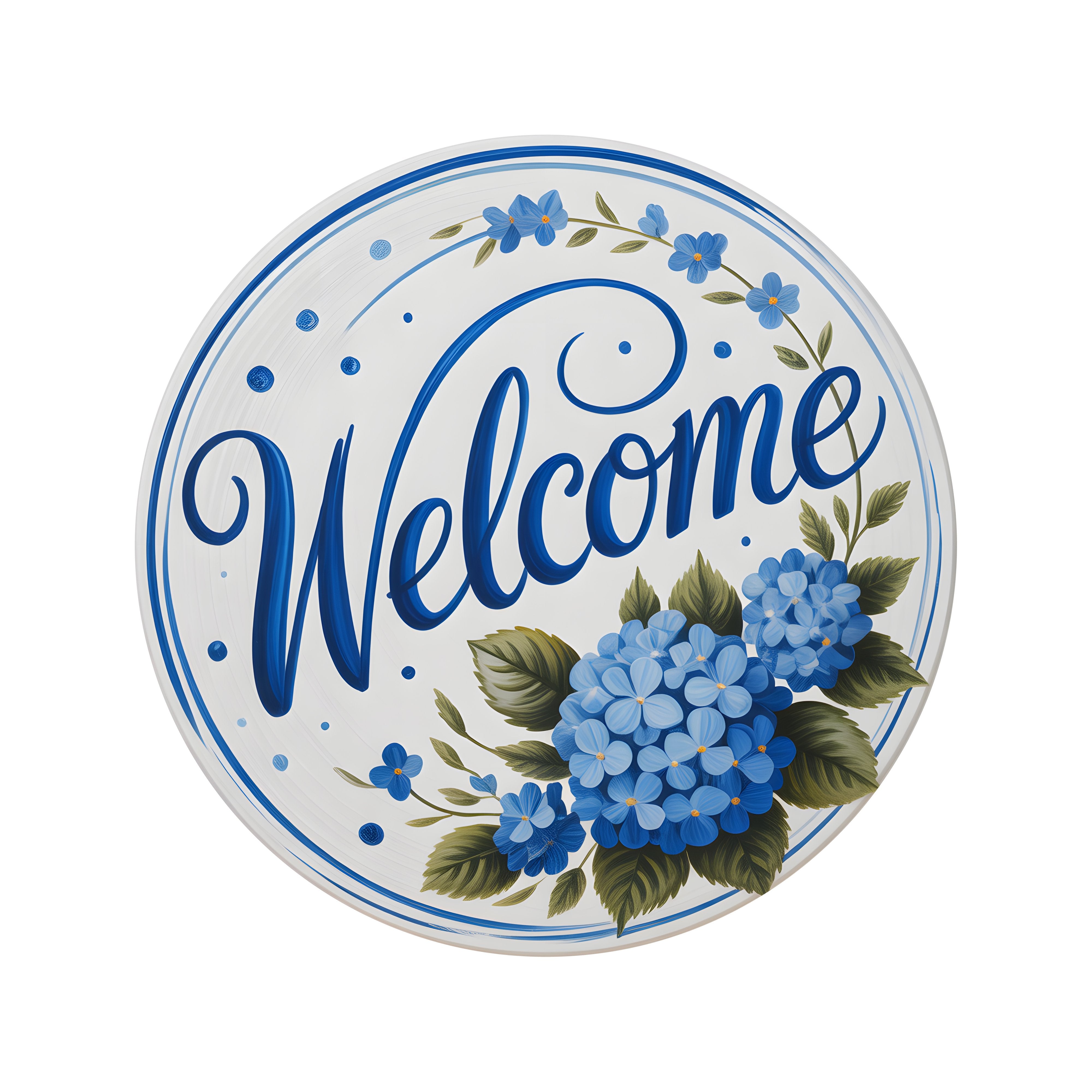 8.5" Round Waterproof Sign: Blue Hydrangea Welcome Item Number: CD1231NH-085
