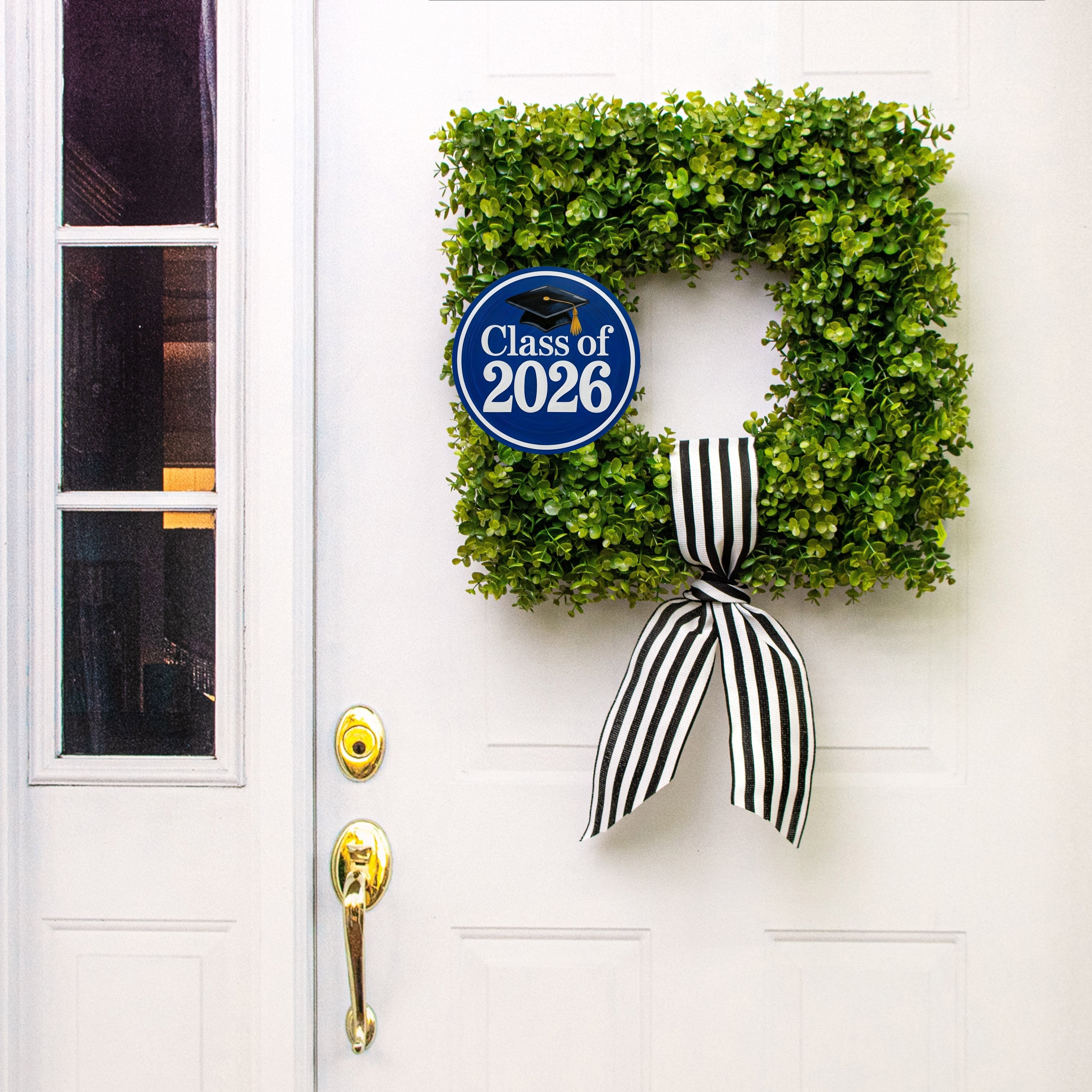 8.5" Round Waterproof Sign: Blue and White Graduation 2026 Lifestyle Photo