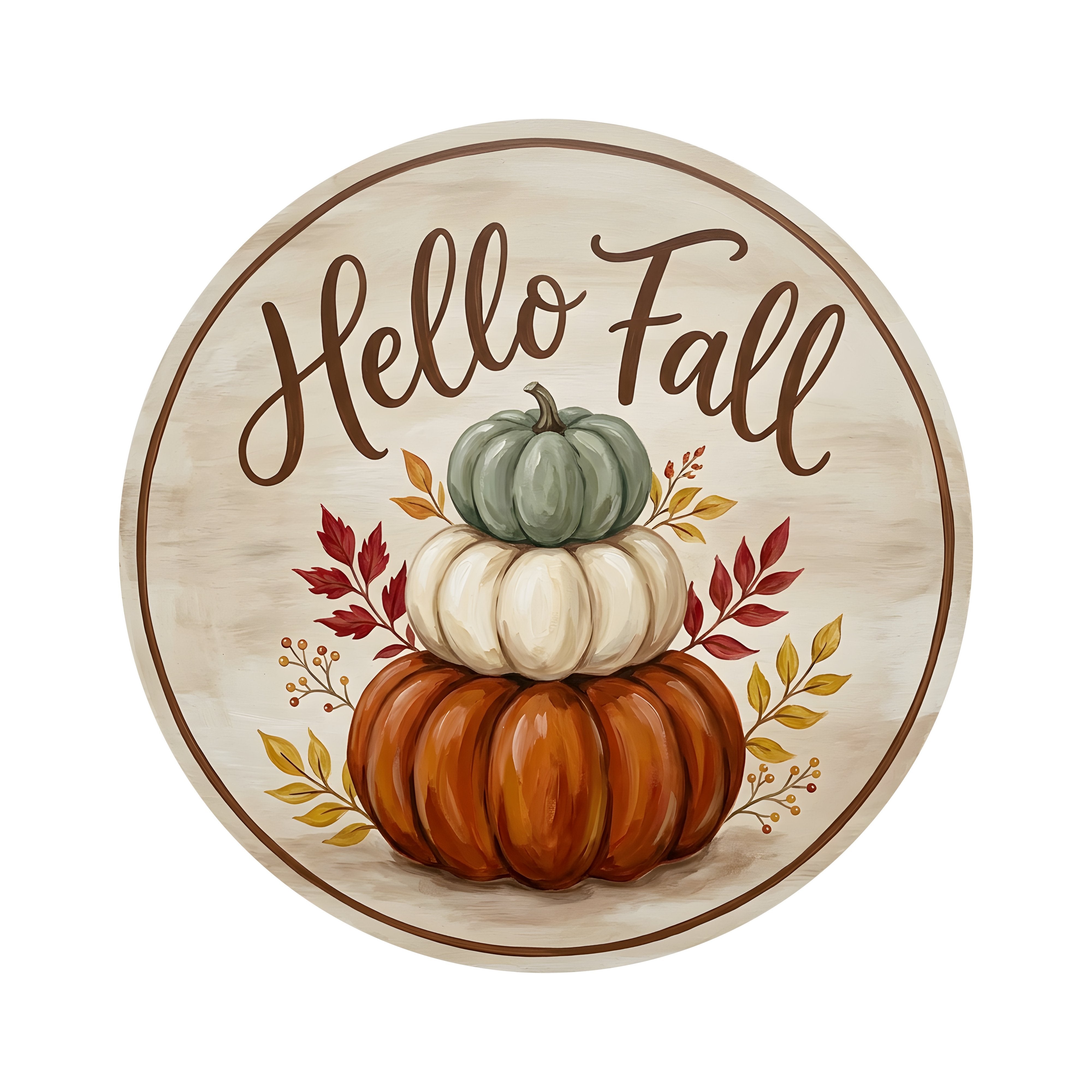 8.5" Round Waterproof Sign: Hello Fall Stacked Pumpkins Item Number: CD1413NH-085