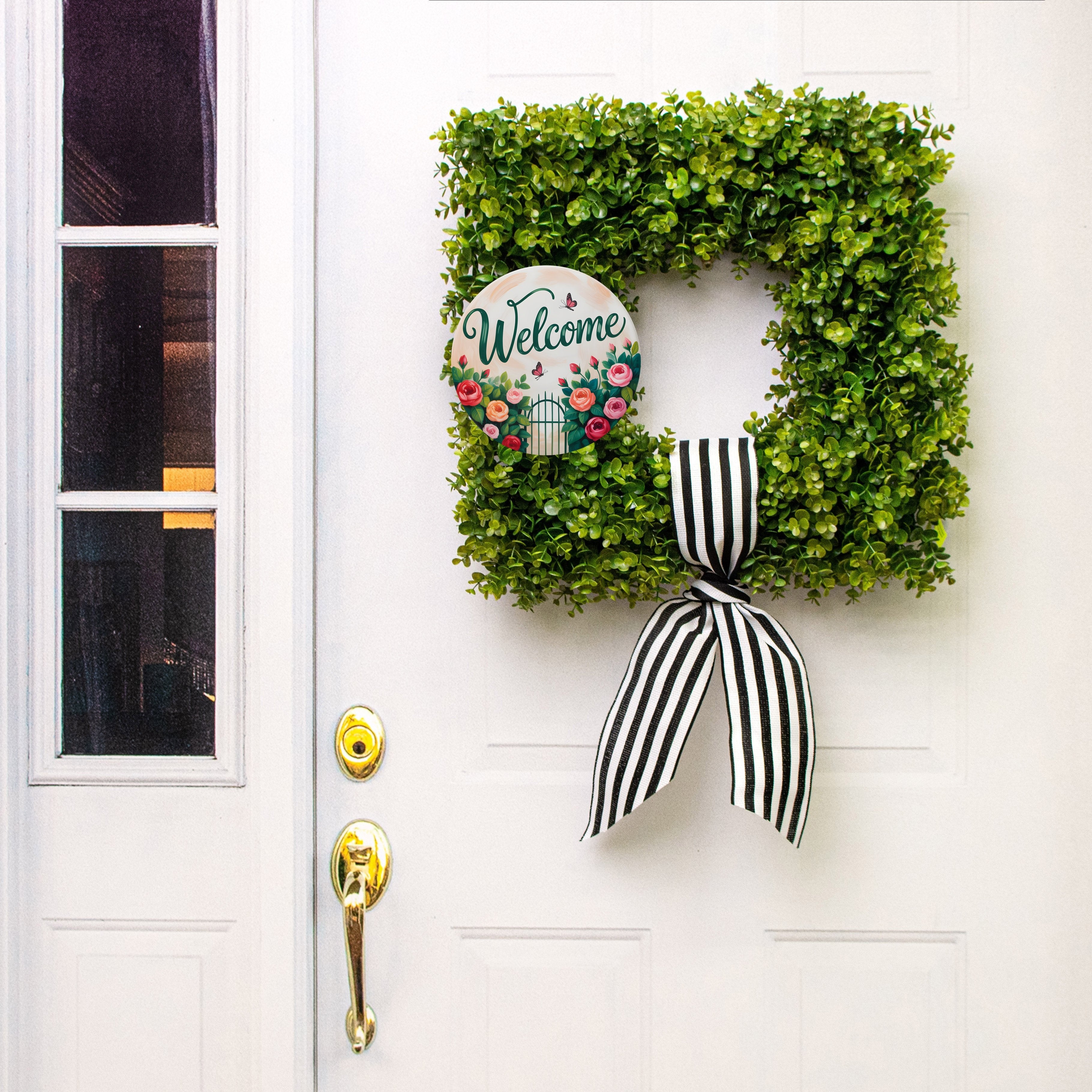 8.5" Round Waterproof Sign: Rose Garden Gate Welcome Lifestyle Photo