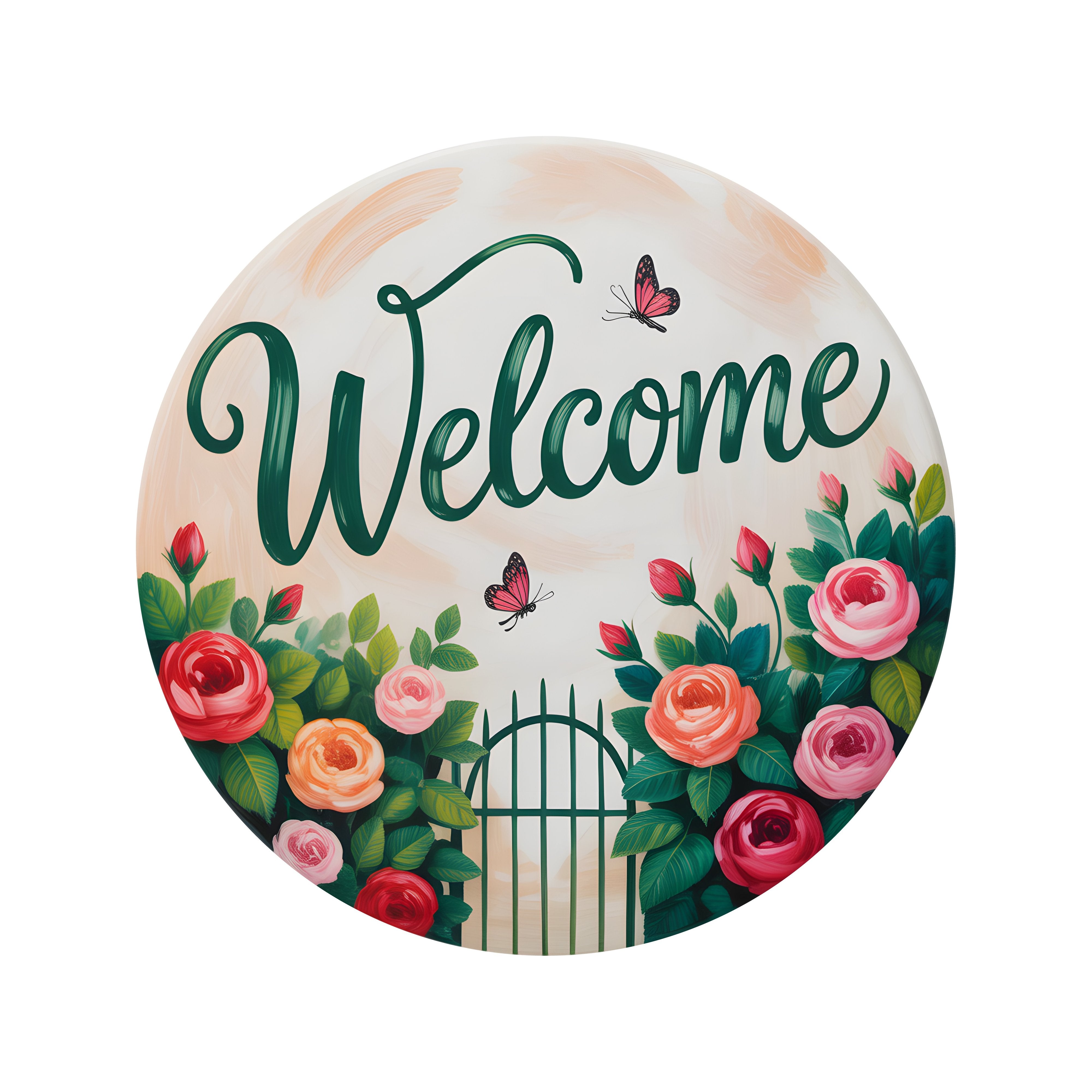 8.5" Round Waterproof Sign: Rose Garden Gate Welcome Item Number: CD1349NH-085