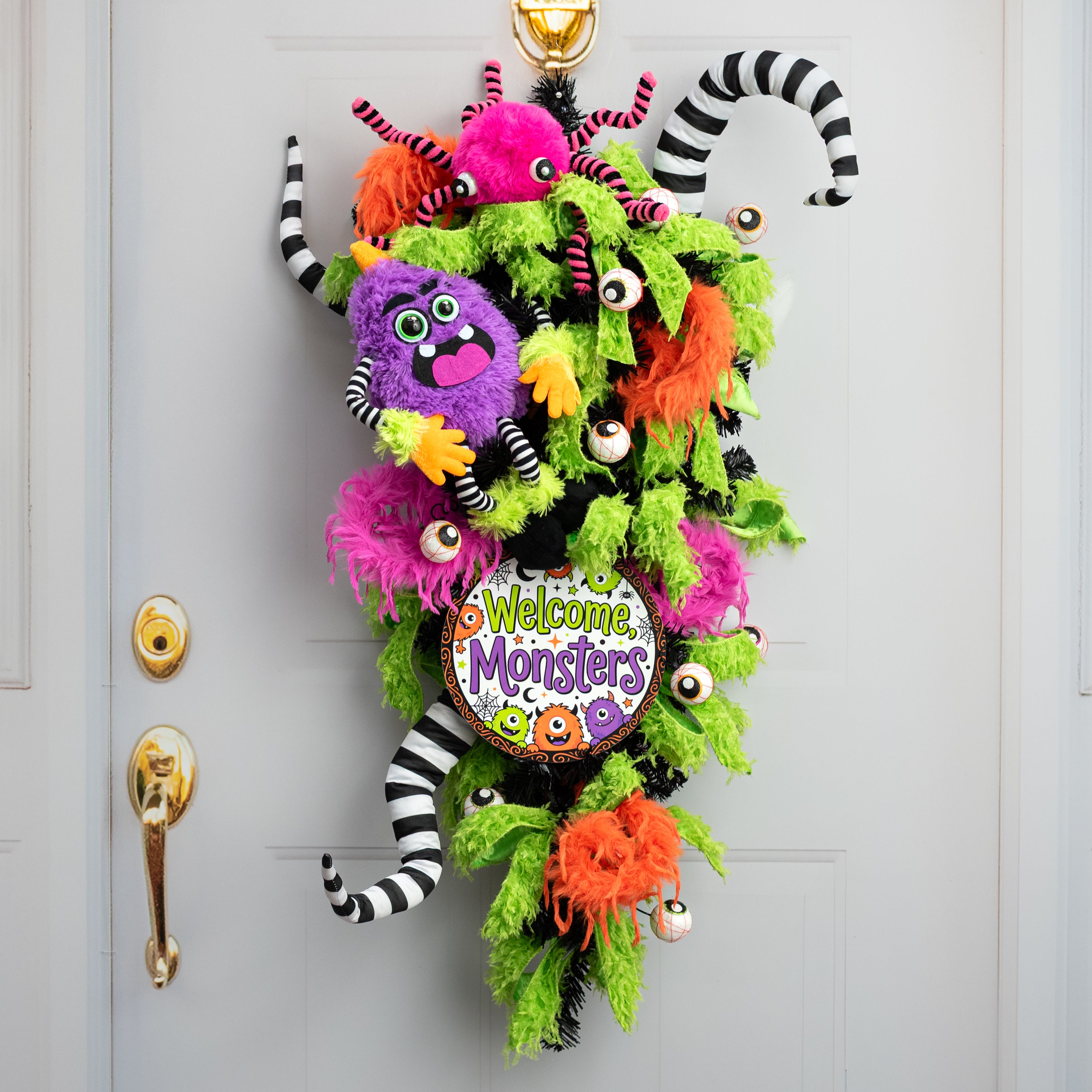 8.5" Round Waterproof Sign: One-Eyed Halloween Welcome Monsters