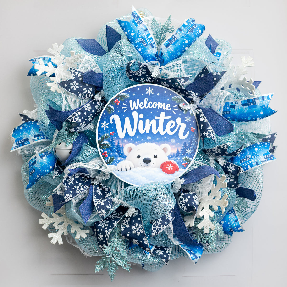 10.5" Round Waterproof Sign: Winter Welcome Peeking Polar Bear