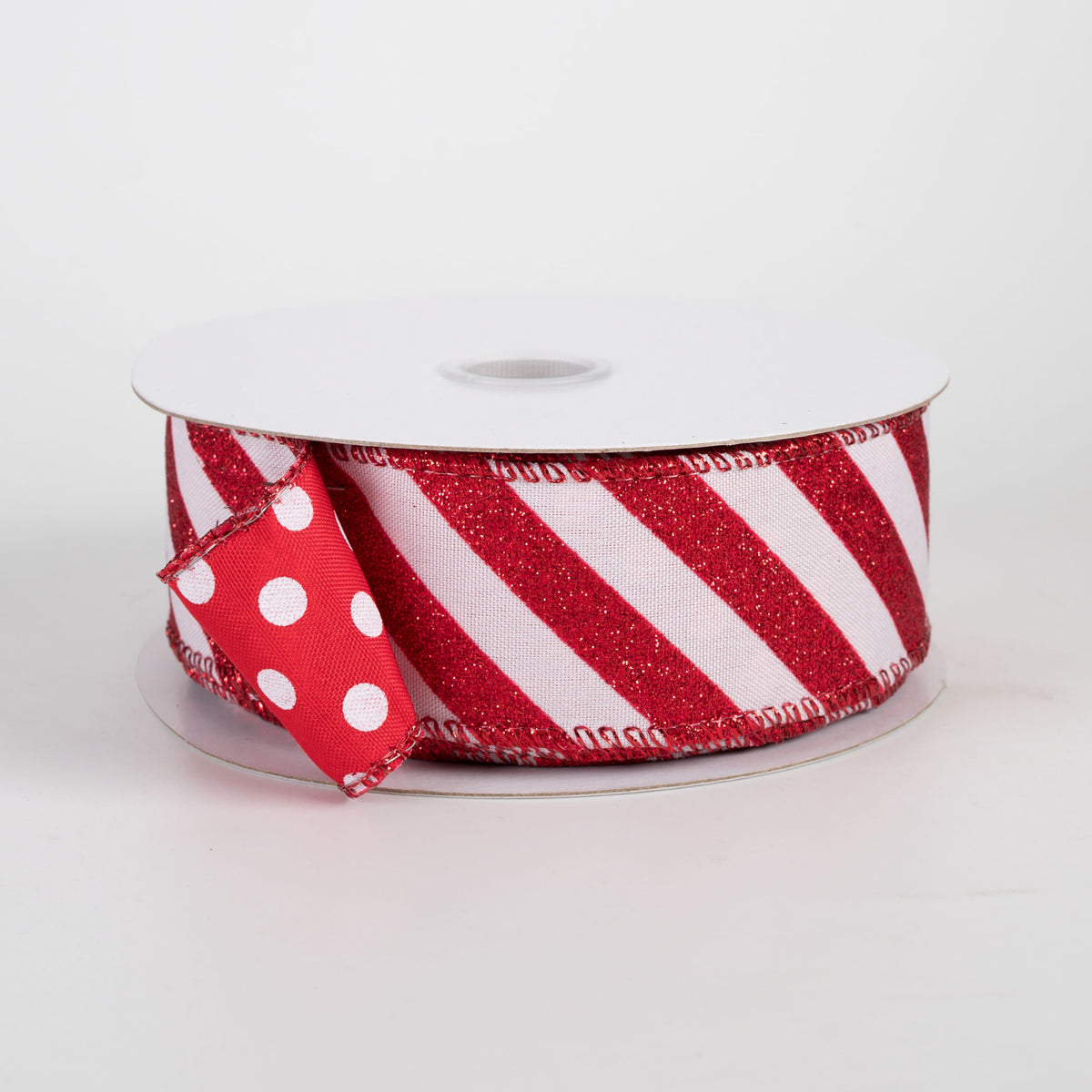 1.5" Double Sided Satin Dots & Glitter Candy Cane Stripes Ribbon: Red & White (10 Yards)
