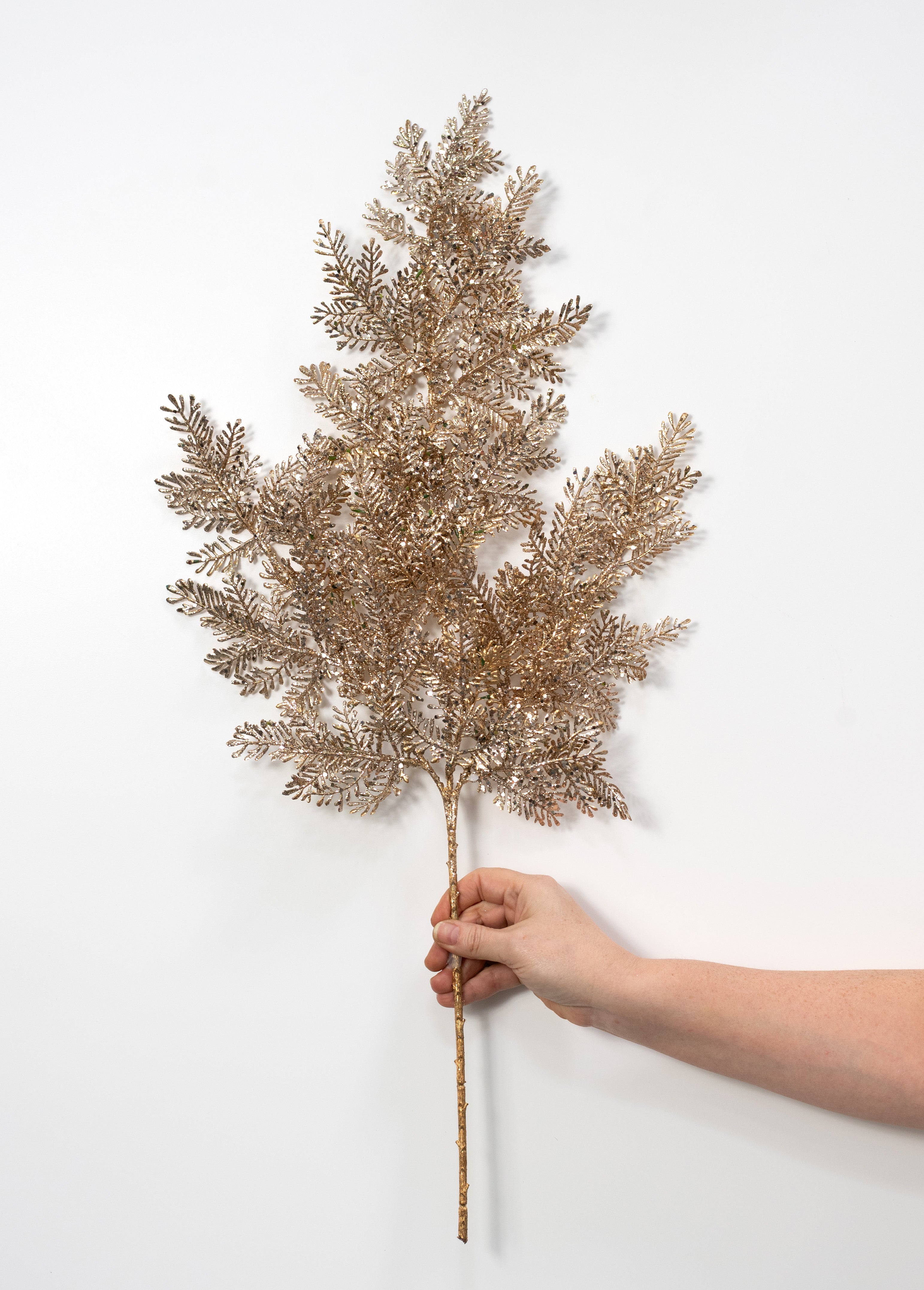 28" Iced Glitter Balsam Pine Spray: Champagne Gold