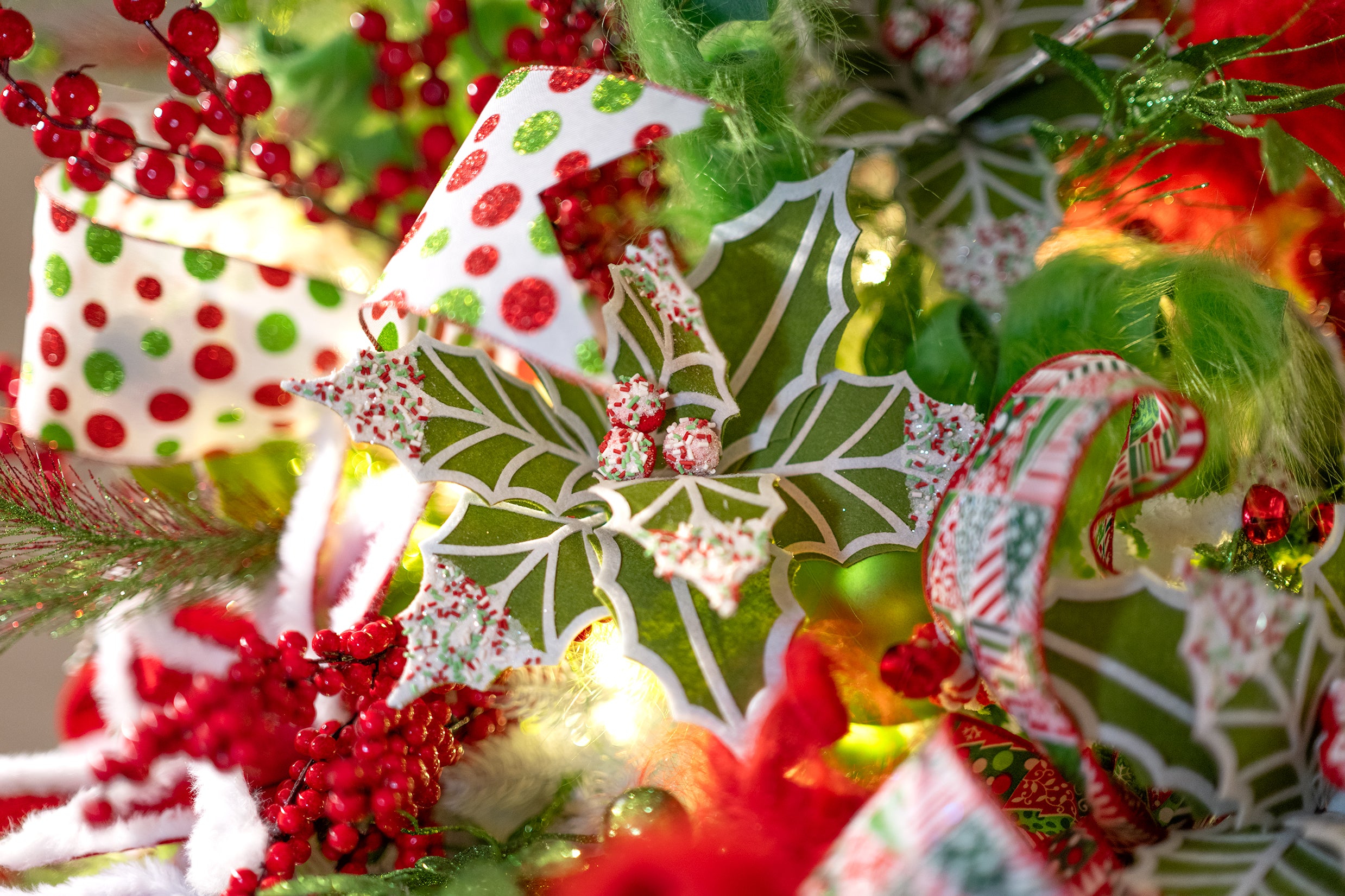 11" x 25" Holly Leaves with Sprinkles Poinsettia Stem: Green, Red & White