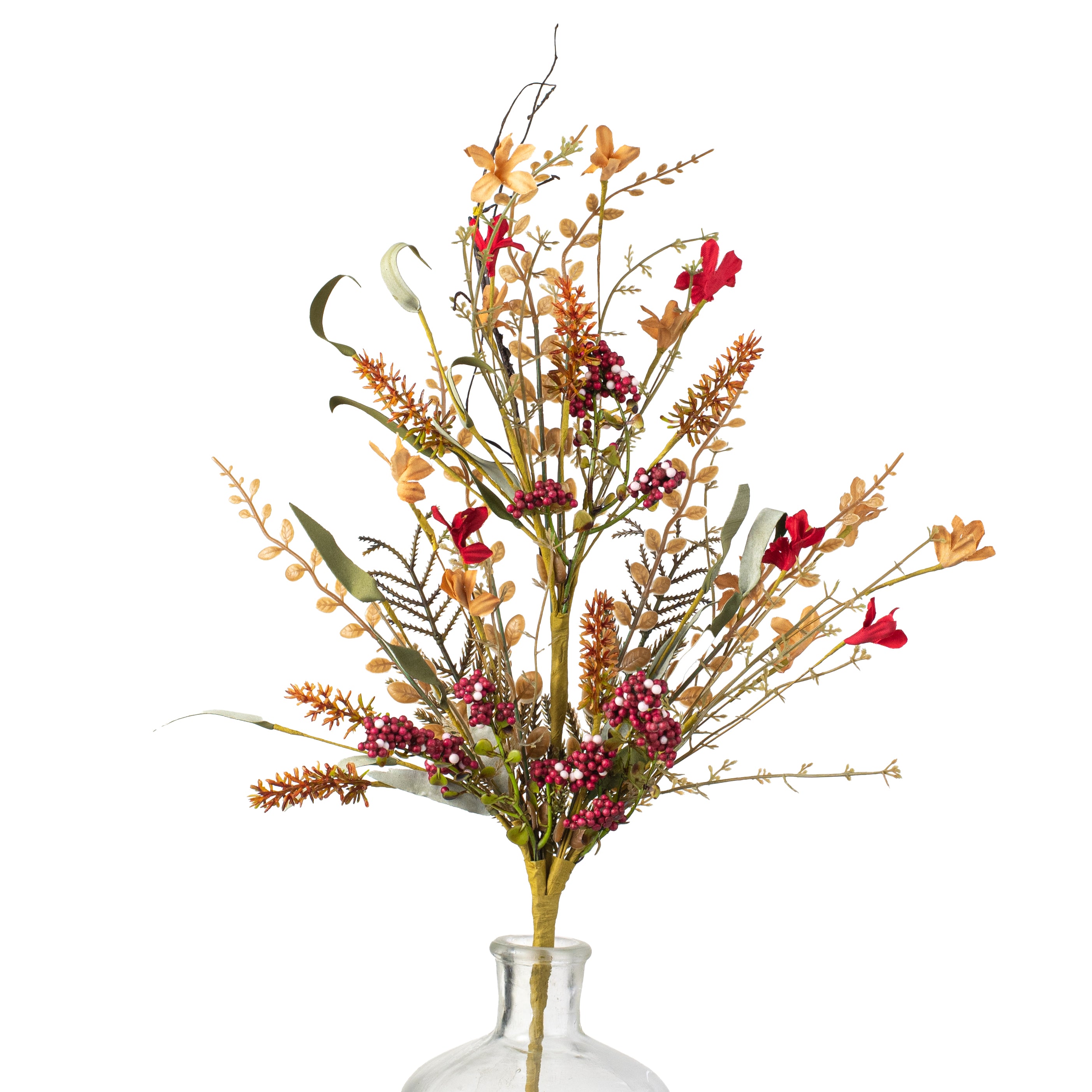 24" Fabric Flower, Leaf, Berry Spray: Coffee Brown & Red