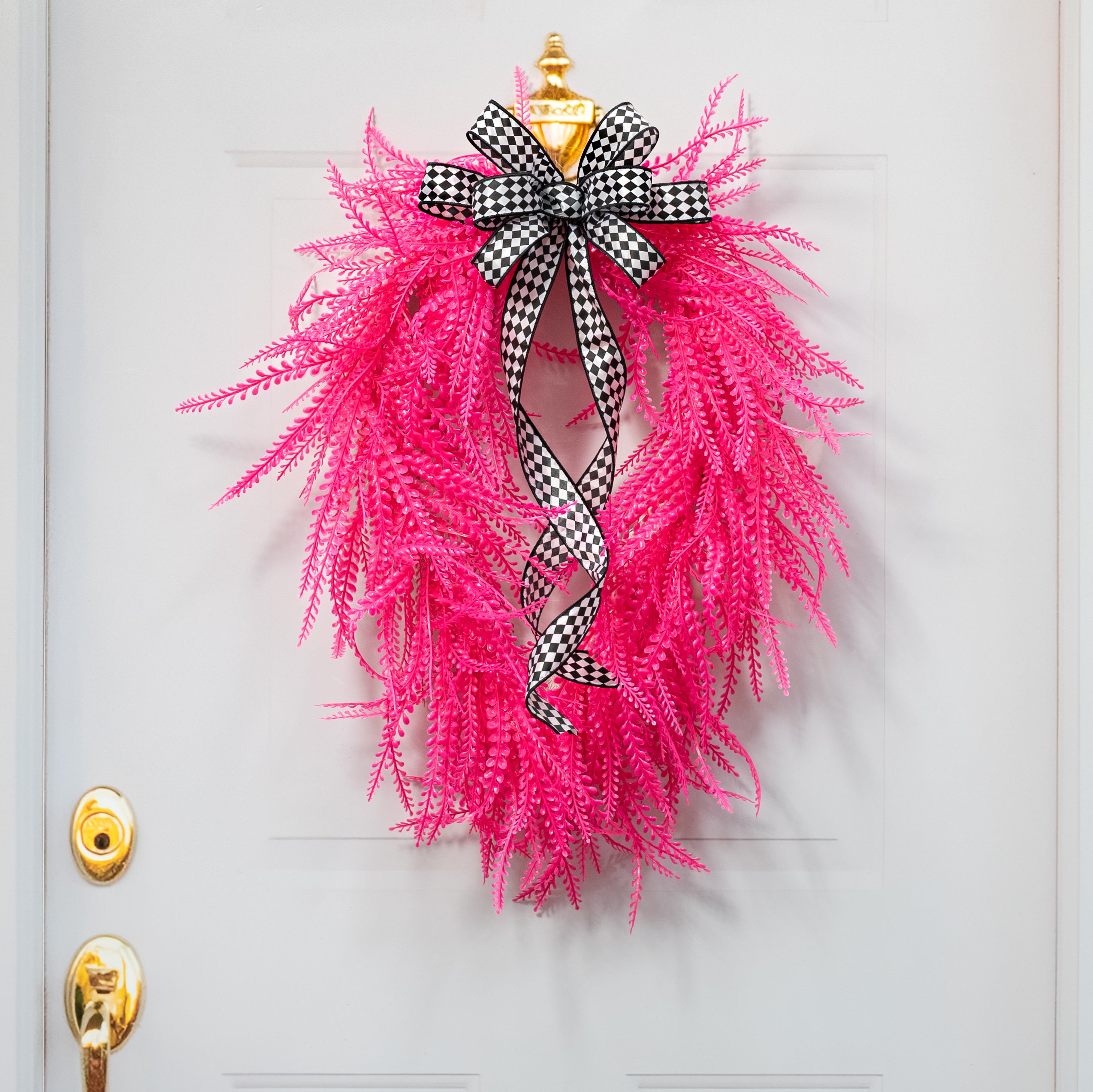 26" x 17" Draping Button Fern Wreath: Neon Hot Pink