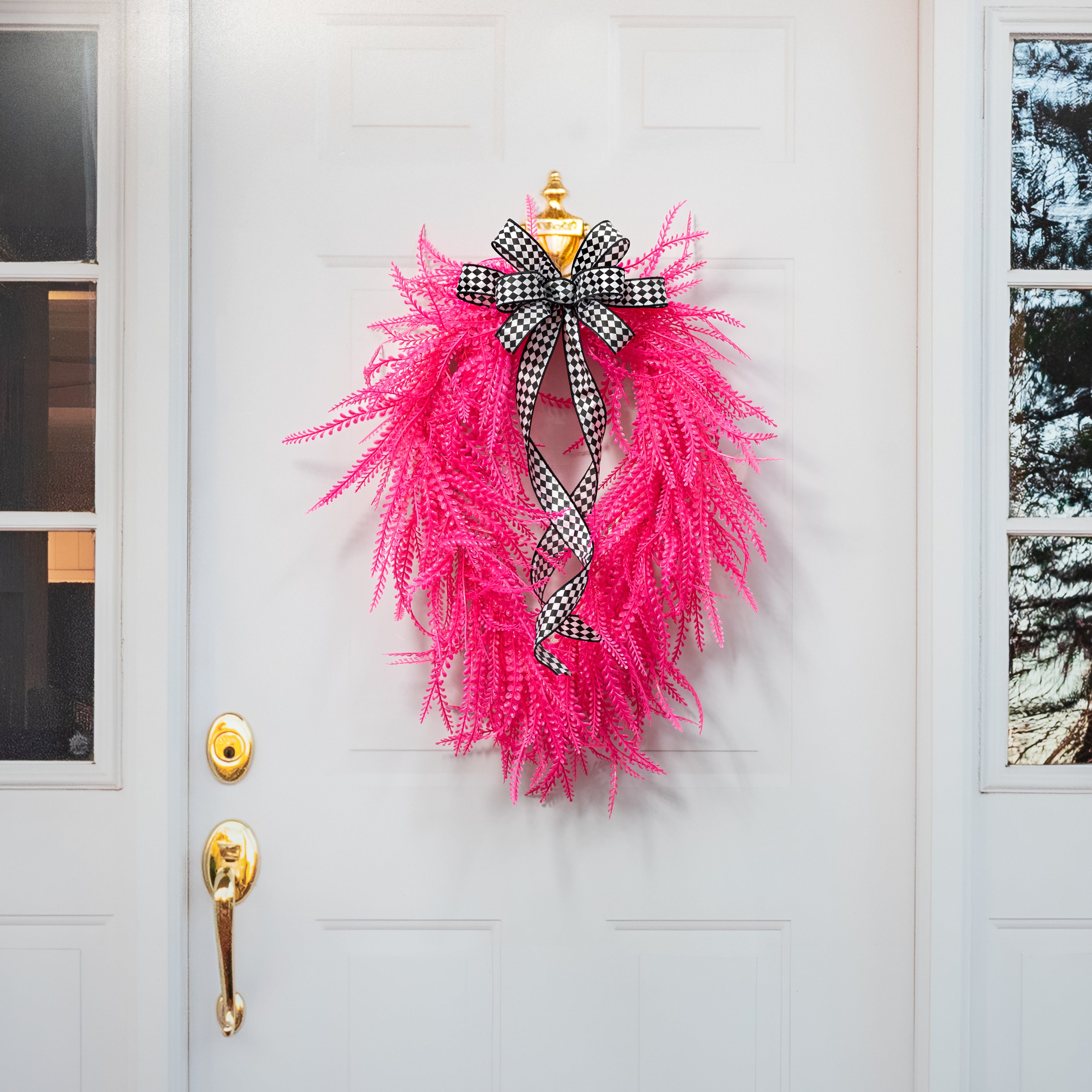 26" x 17" Draping Button Fern Wreath: Neon Hot Pink