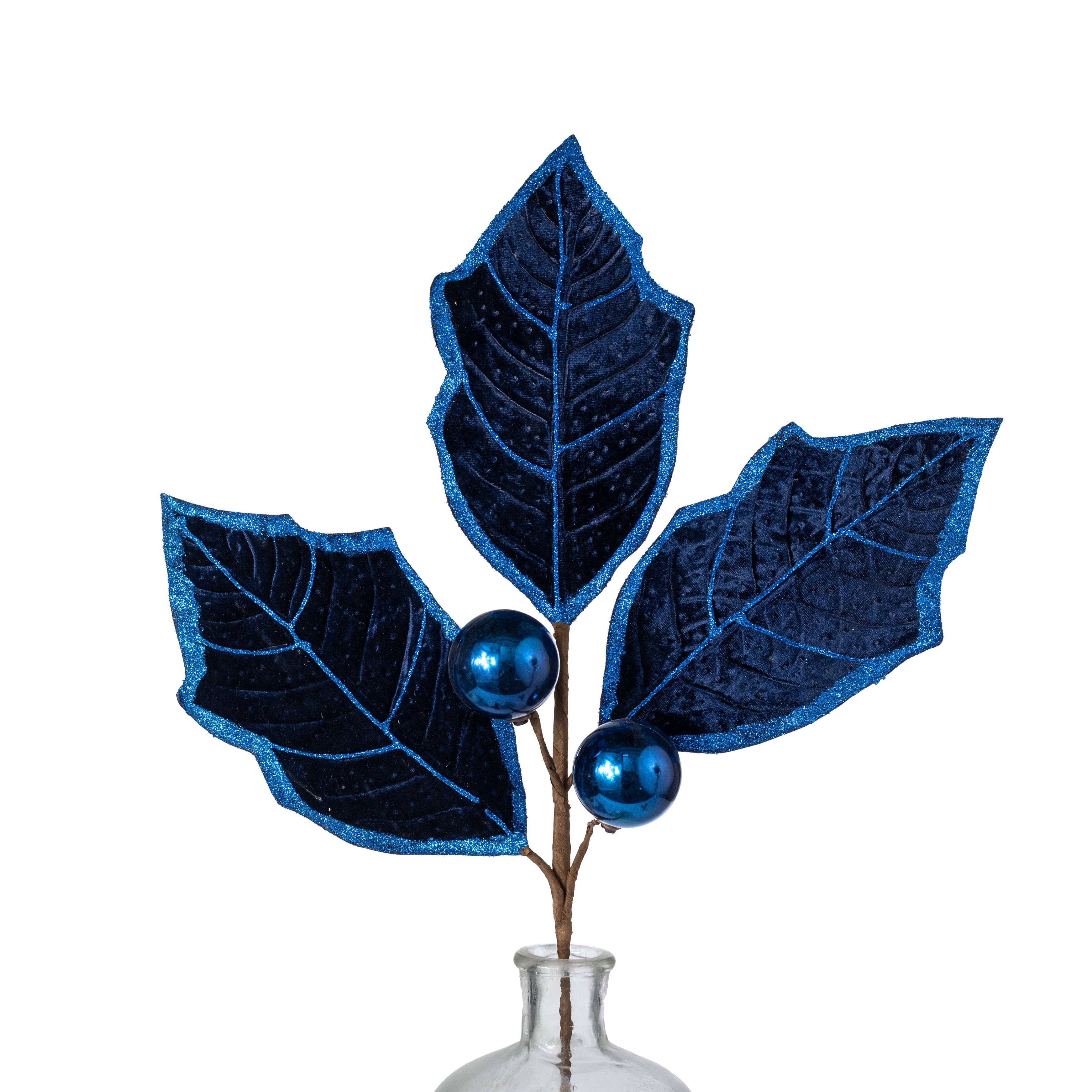27" Oversized Velvet Holly Leaves Spray: Navy Blue