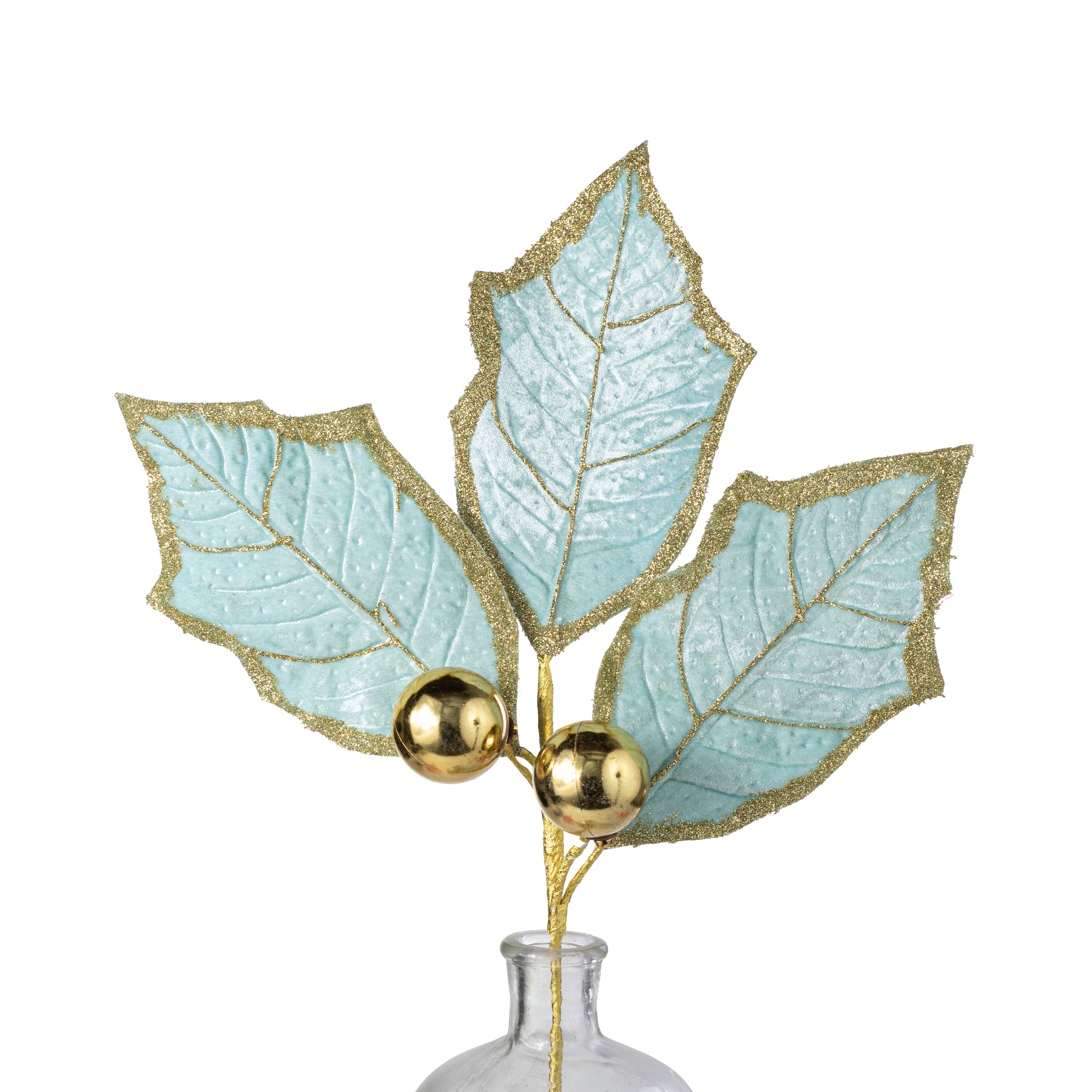 27" Oversized Velvet Holly Leaves Spray: Mint Blue & Gold