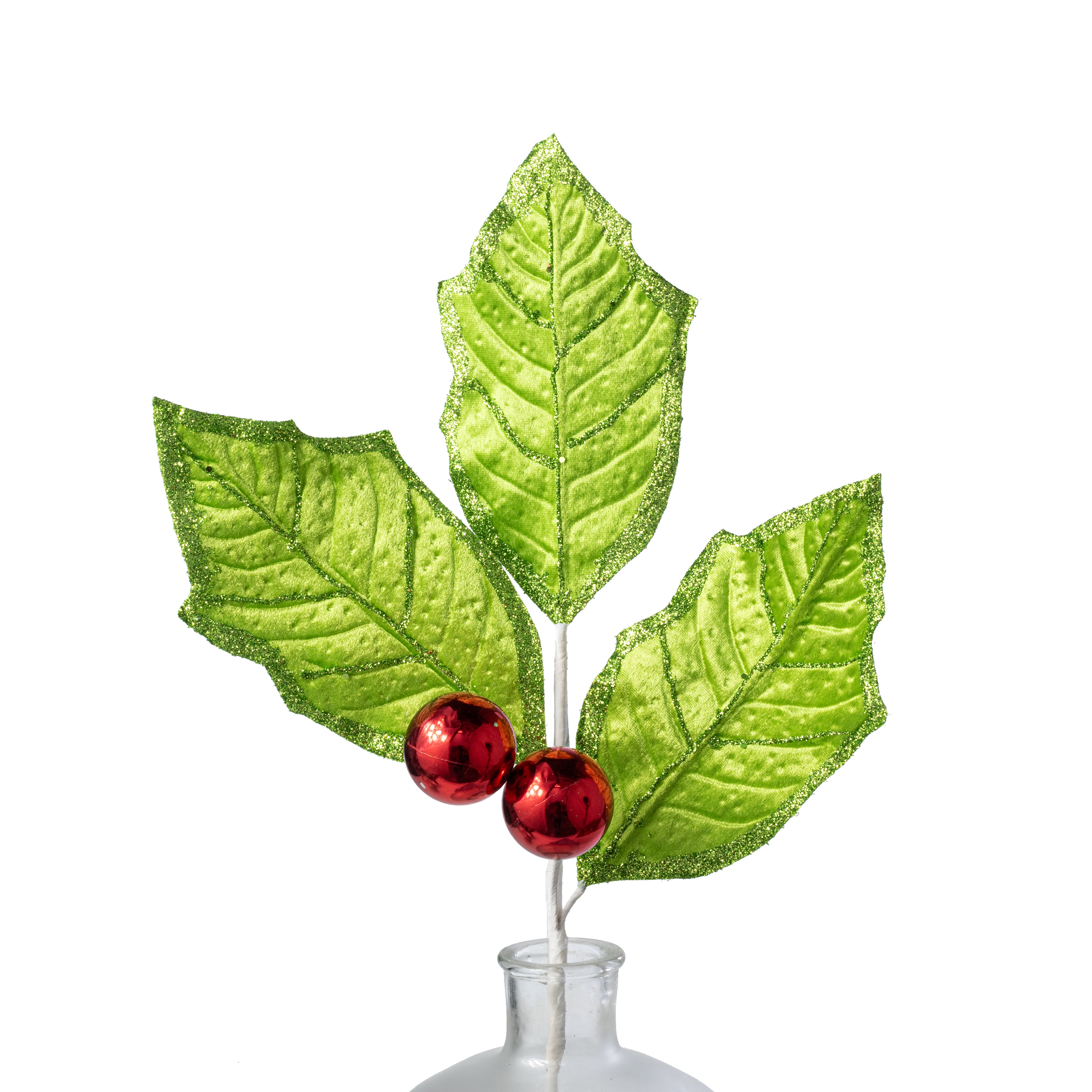 27" Oversized Velvet Holly Leaves Spray: Lime Green & Red
