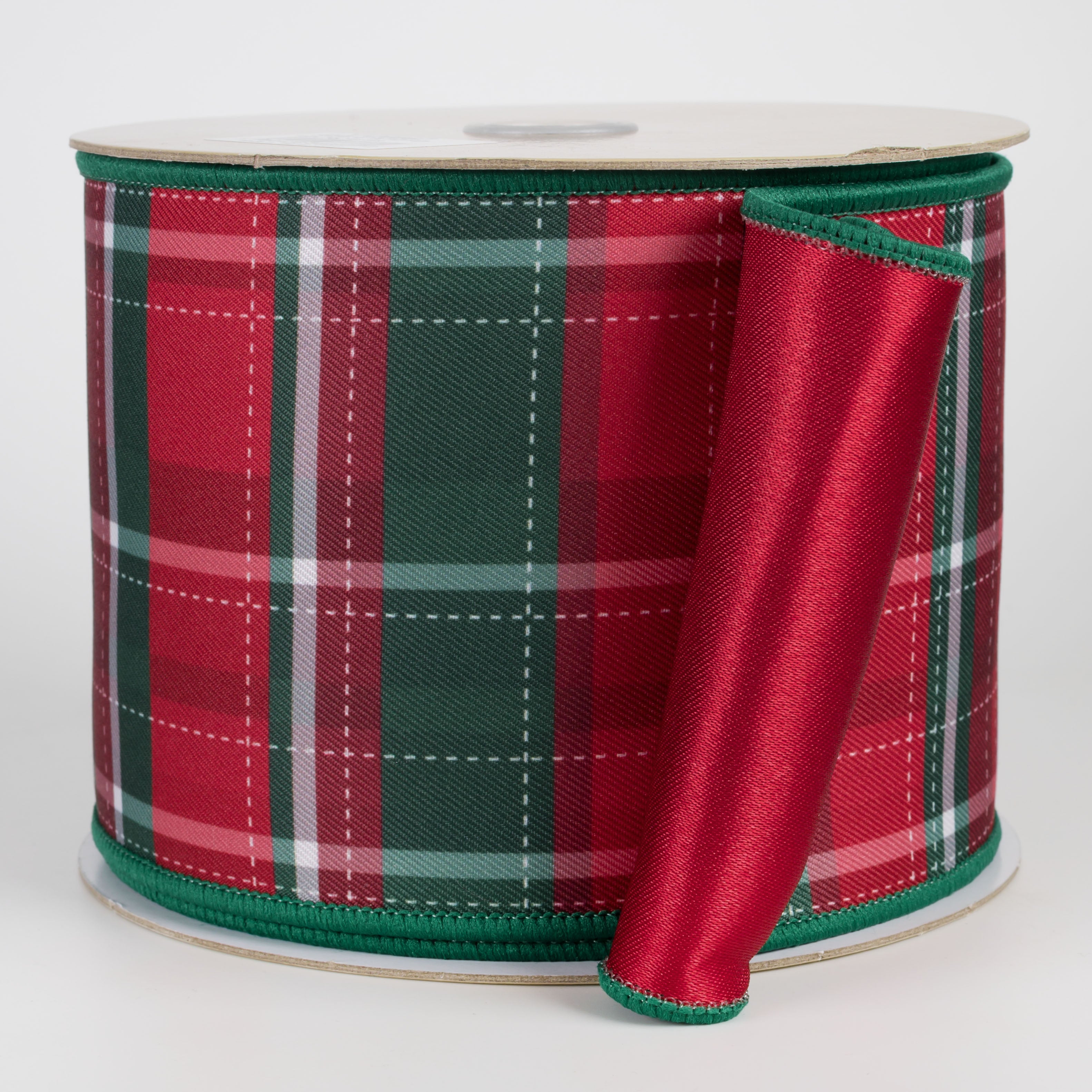 4" Double Sided Fused Dashed Plaid Ribbon: Traditional Christmas (10 Yards)