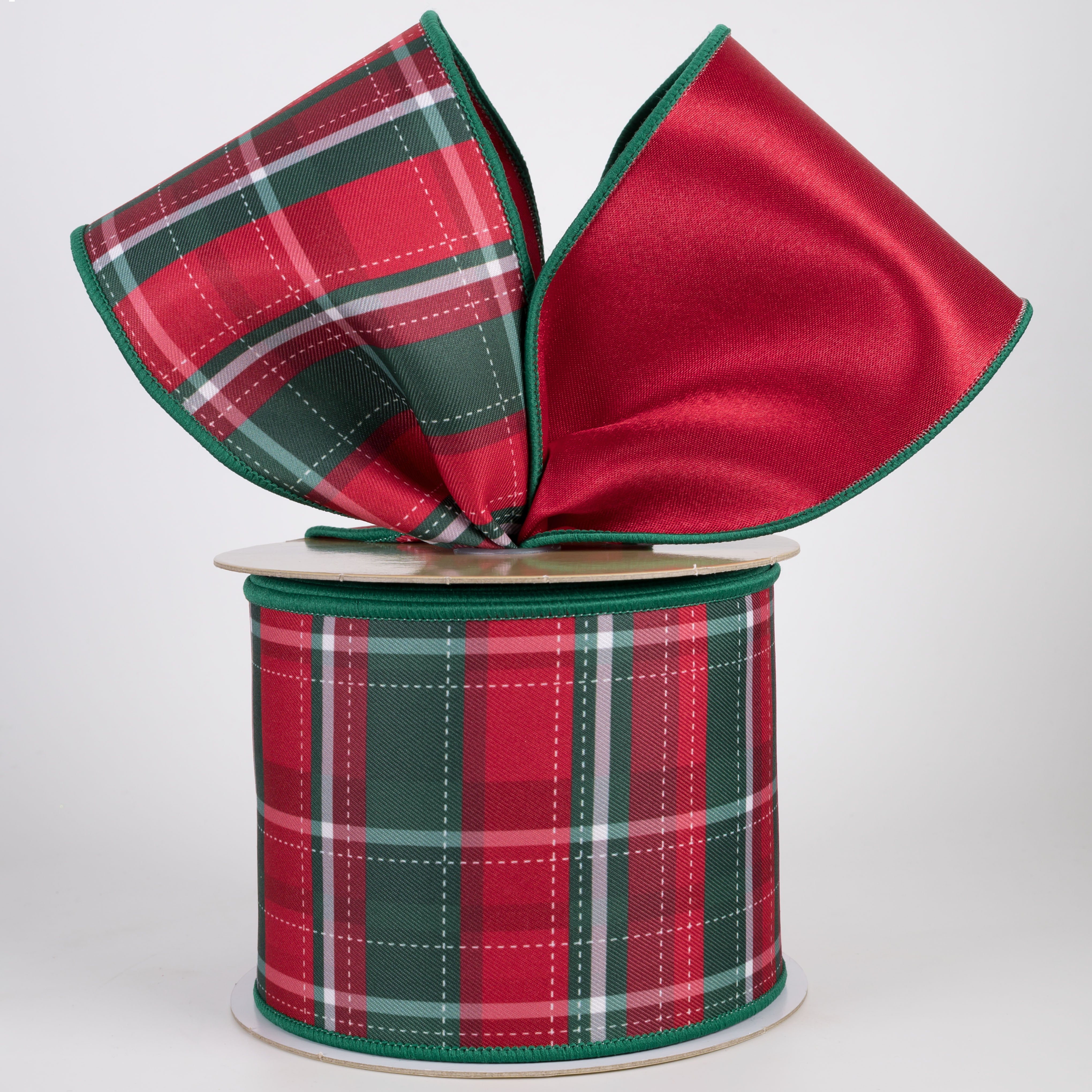 4" Double Sided Fused Dashed Plaid Ribbon: Traditional Christmas (10 Yards)