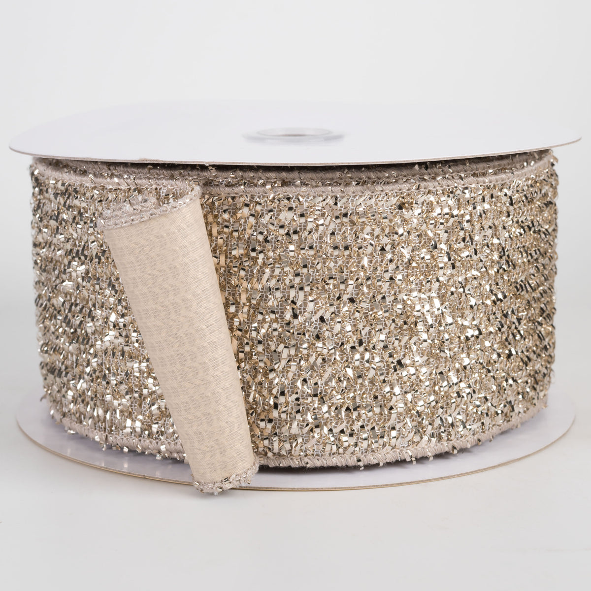 2.5" Double Sided Fused Tinsel Loop & Satin Ribbon: Champagne (10 Yards)
