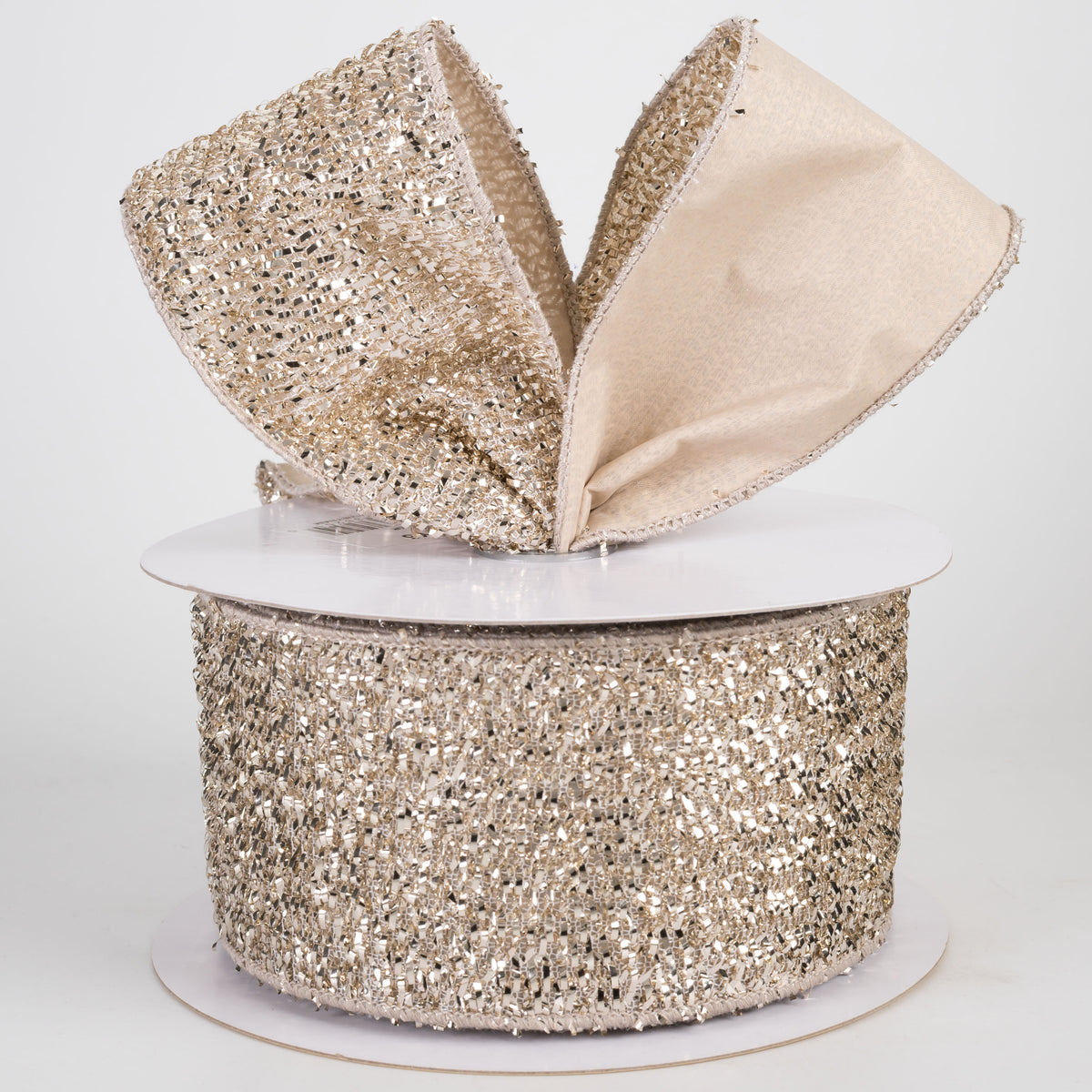 2.5" Double Sided Fused Tinsel Loop & Satin Ribbon: Champagne (10 Yards)