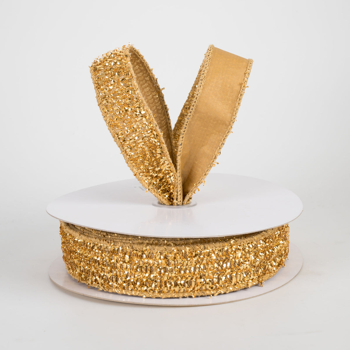 1" Double Sided Fused Tinsel Loop & Satin Ribbon: Gold (10 Yards)