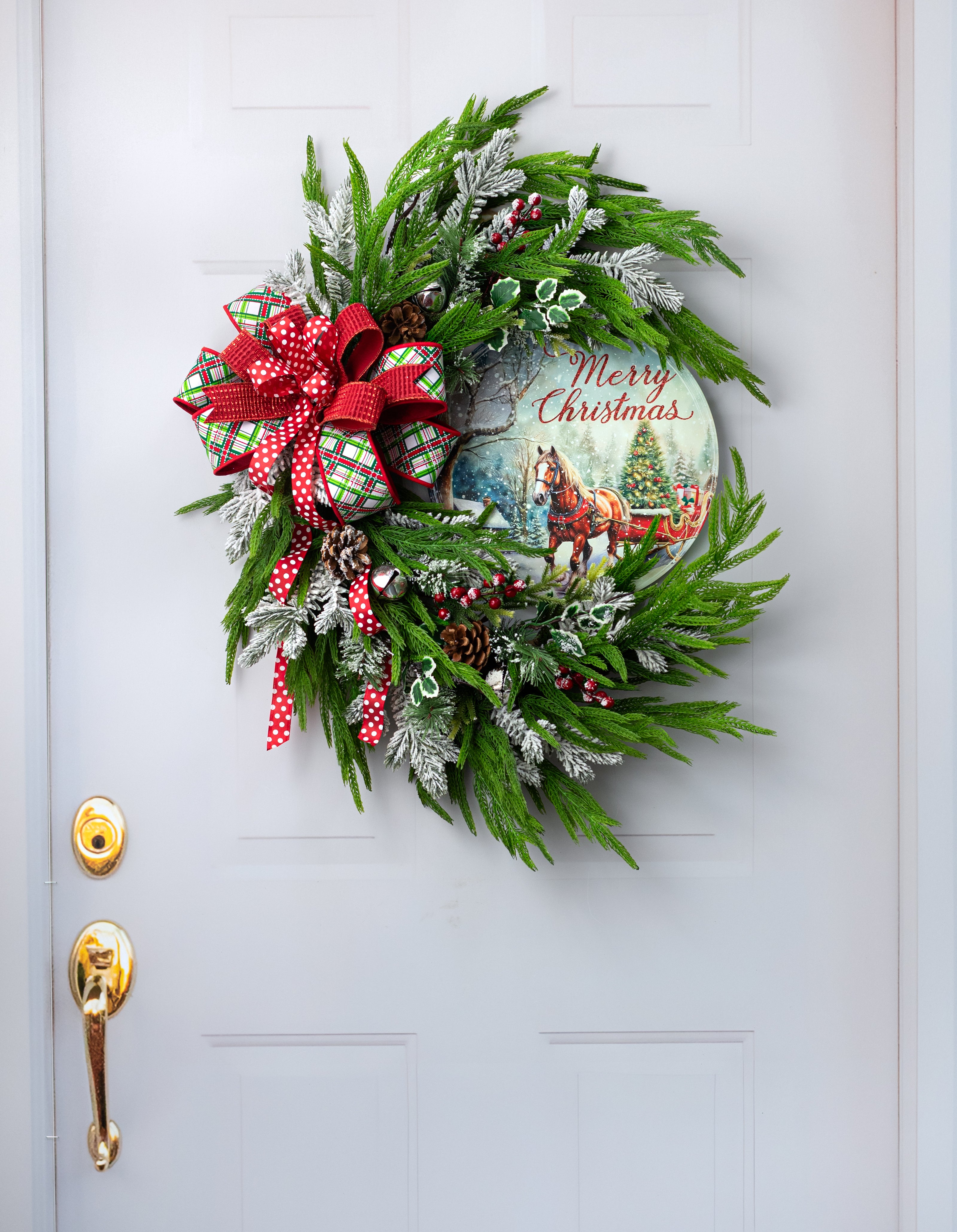 12" Round Metal Sign: Glitter Merry Christmas Horse & Sleigh