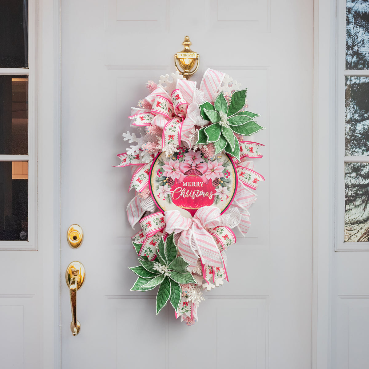 12" Round Metal Sign: Merry Christmas Ornament & Pink Poinsettias