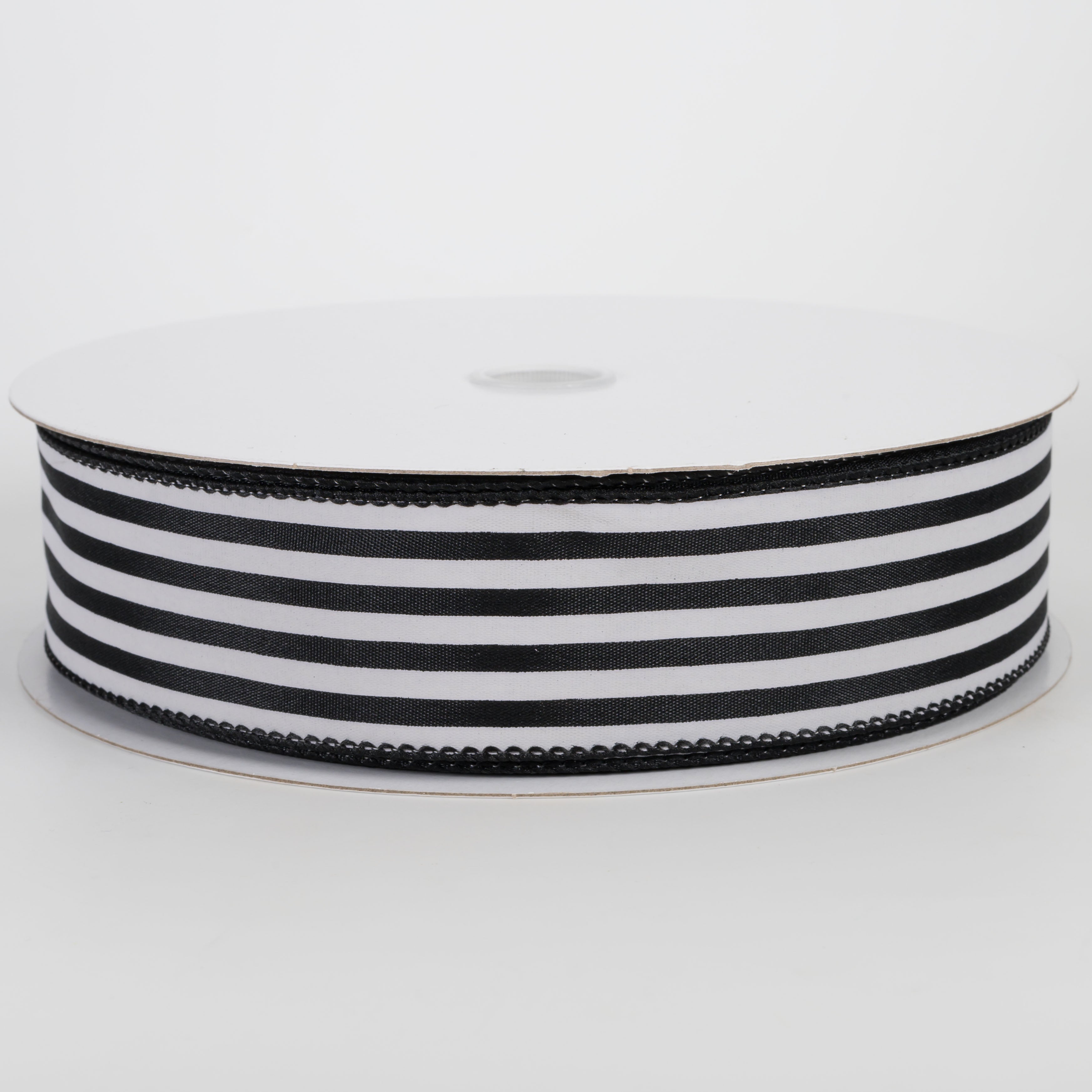 1.5" Cabana Stripes Ribbon: White on Black Satin (50 Yards)
