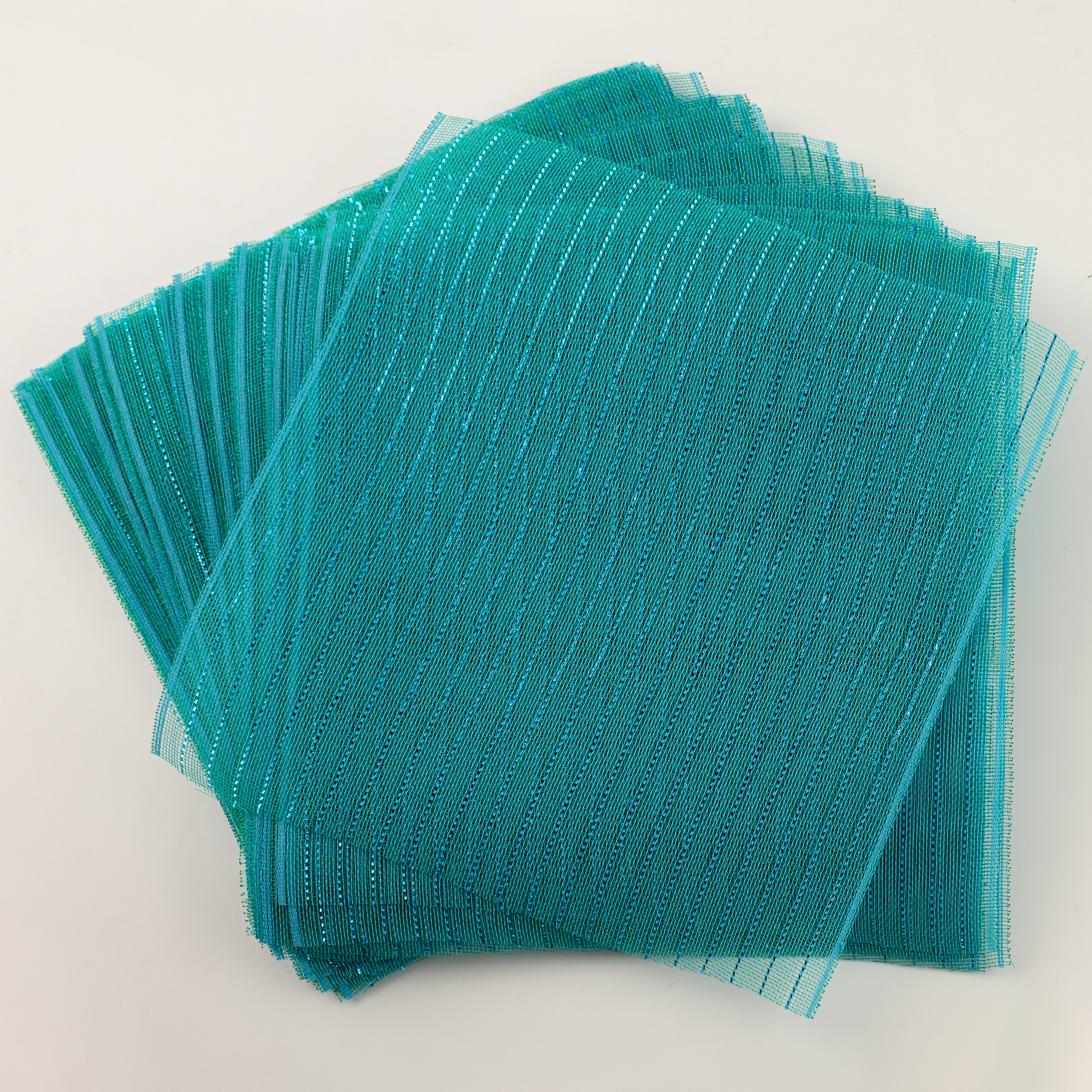 10.5" Square Pre-Cut Fine Weave Deco Mesh Sheets: Metallic Turquoise & Teal (40)