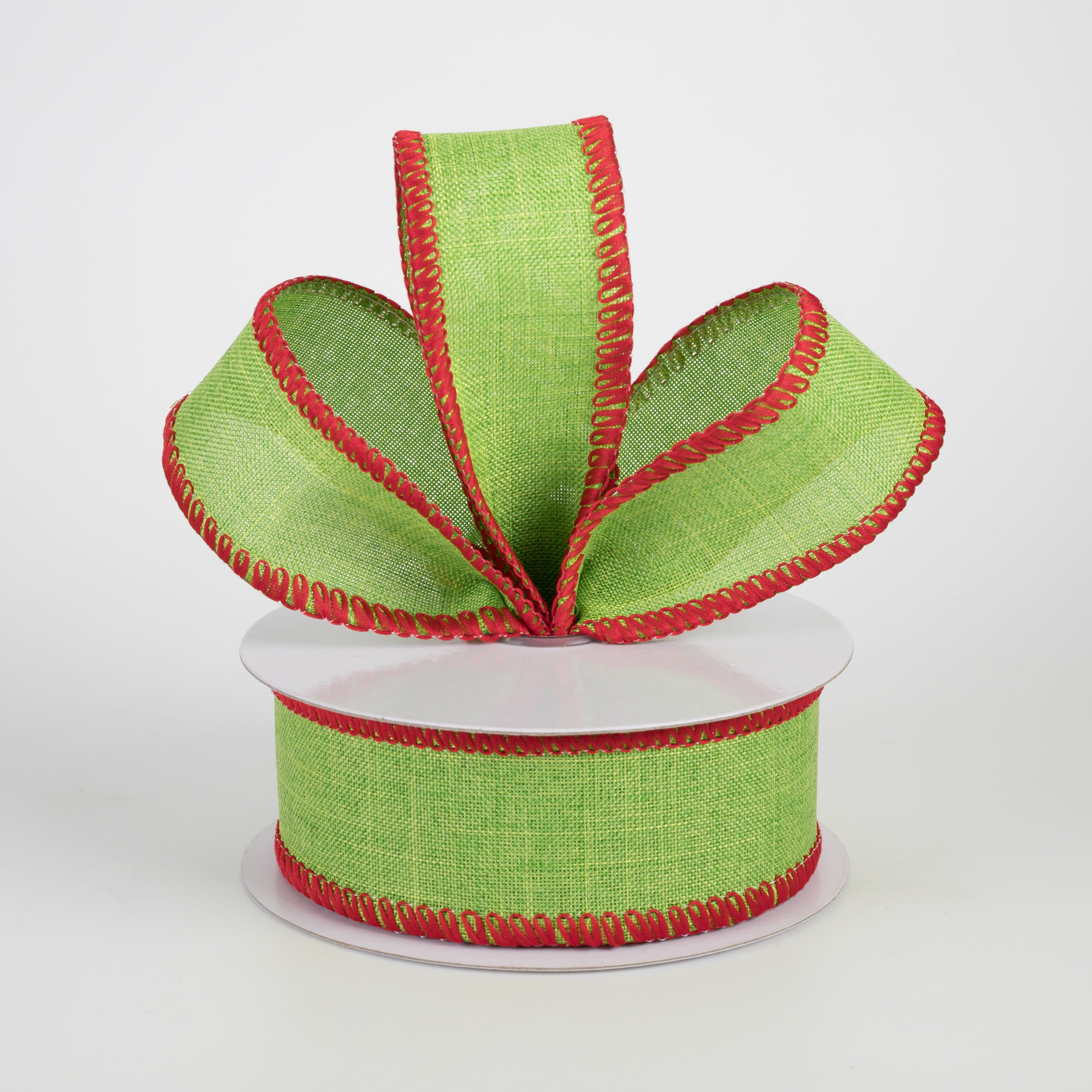 1.5" Stitched Edge Ribbon: Fresh Green & Red (10 Yards)